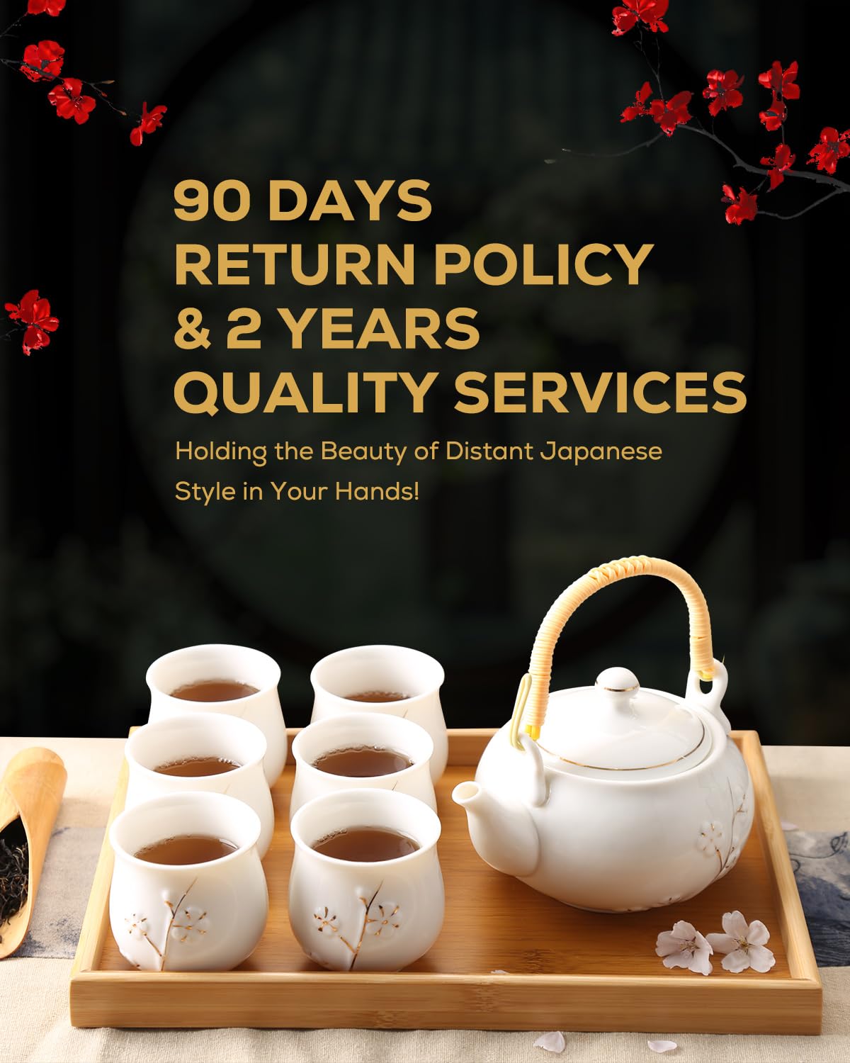 Service à Thé Japonais Dujust, Service à Thé en Porcelaine Noire avec 1 Théière, 6 Tasses à Thé, 1 Plateau de Service, 1 Infuseur en Acier Inoxydable, Magnifique Service à Thé Asiatique pour les Amateurs de Thé/Femmes/Hommes (Campagne Dorée)