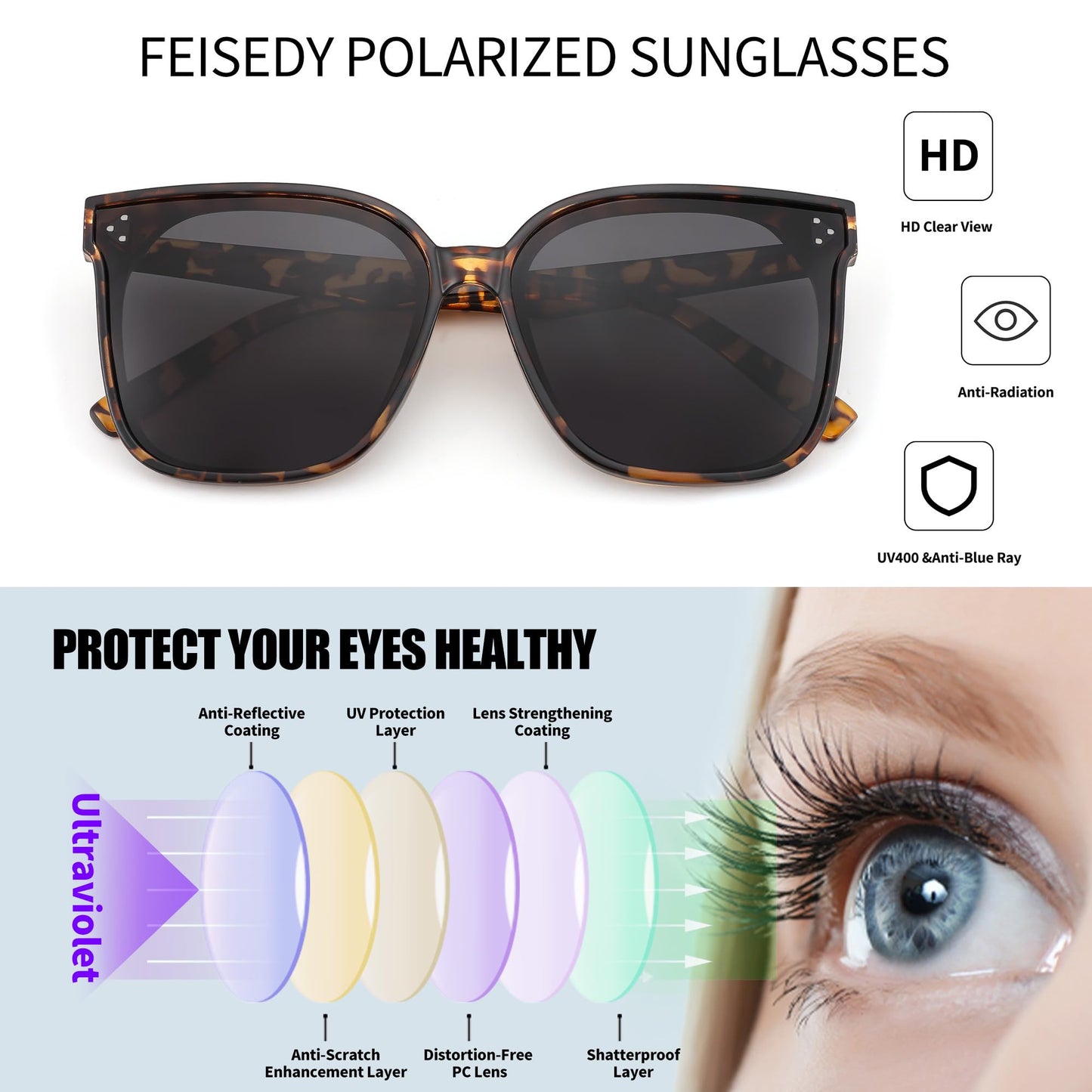 FEISEDY Lunettes de soleil polarisées carrées surdimensionnées rétro pour femmes et hommes, style minimaliste B2600