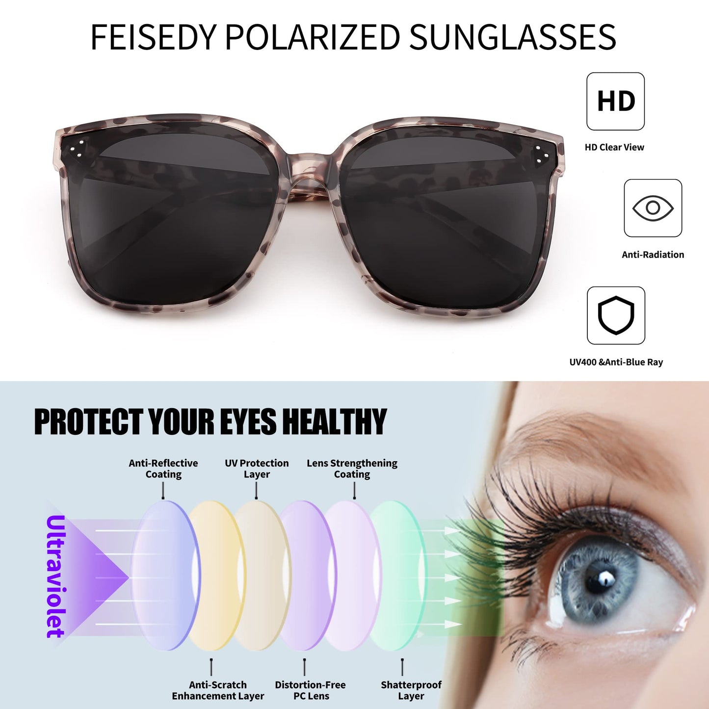 FEISEDY Lunettes de soleil polarisées carrées surdimensionnées rétro pour femmes et hommes, style minimaliste B2600