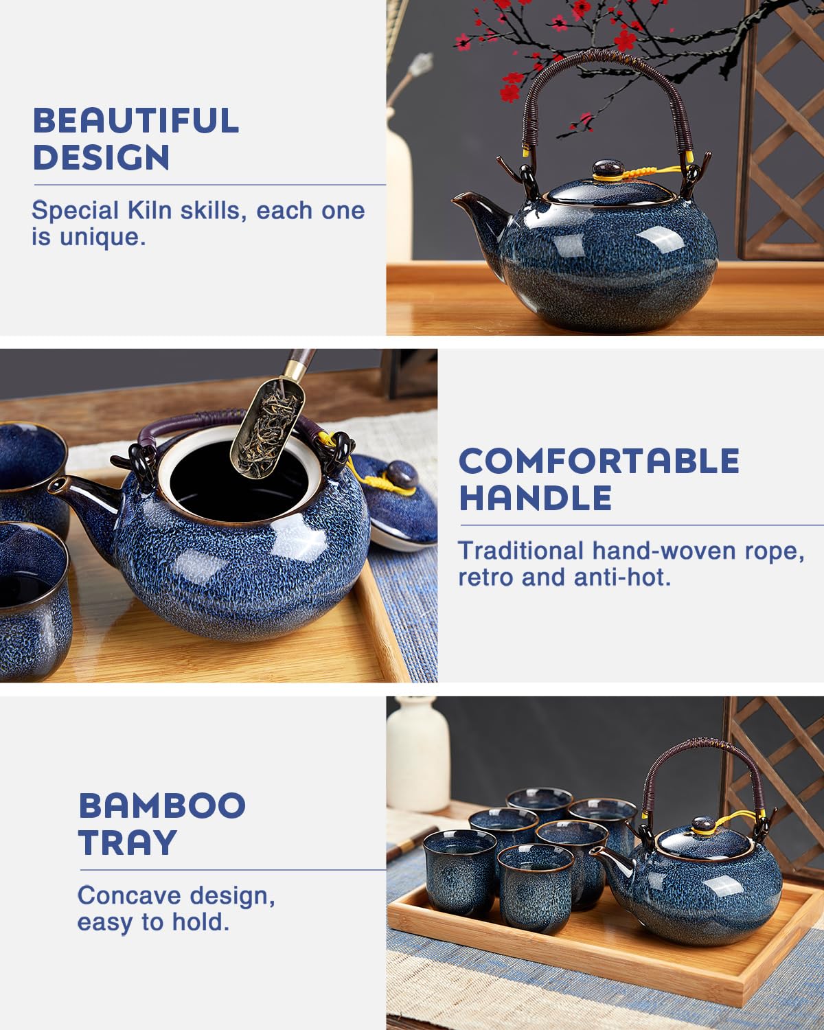 Service à Thé Japonais Dujust, Service à Thé en Porcelaine Noire avec 1 Théière, 6 Tasses à Thé, 1 Plateau de Service, 1 Infuseur en Acier Inoxydable, Magnifique Service à Thé Asiatique pour les Amateurs de Thé/Femmes/Hommes (Campagne Dorée)