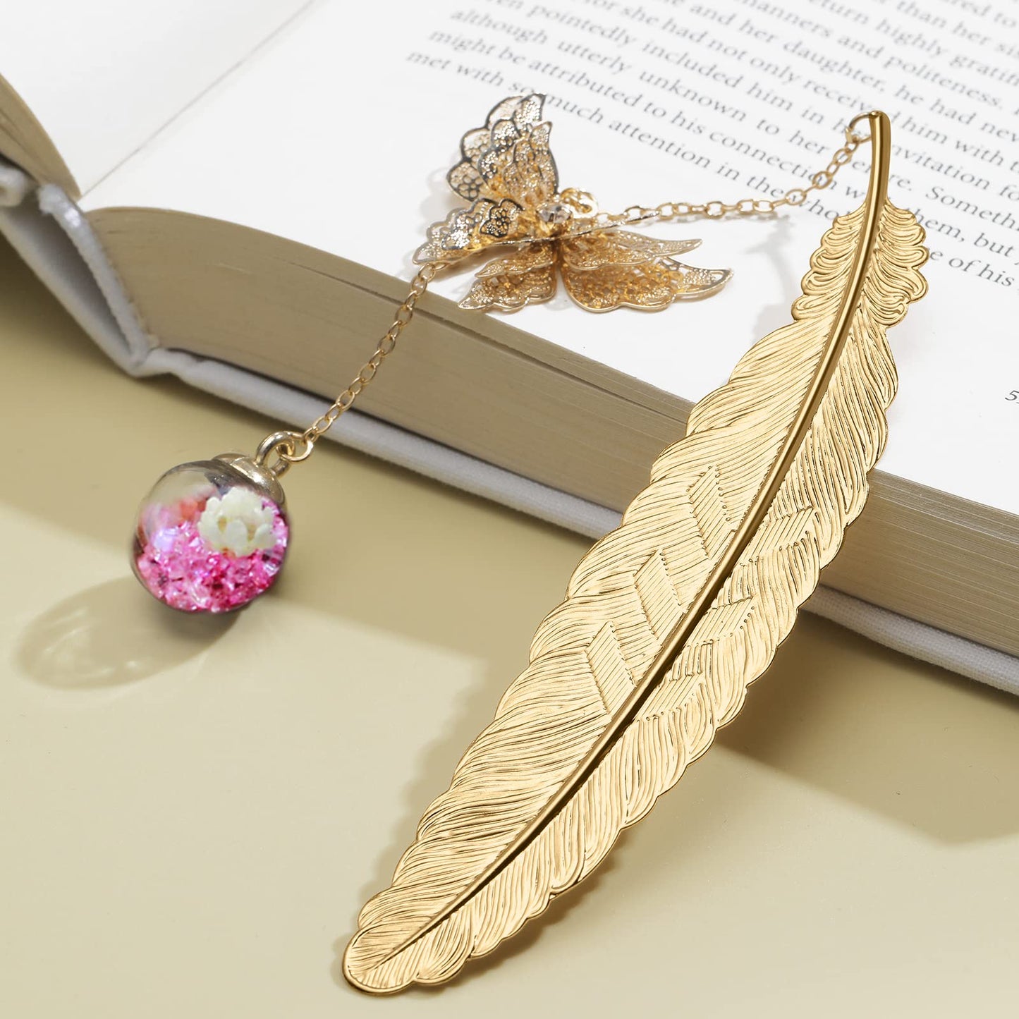 Jiazhenep Metal Feather Bookmark with Butterfly Charms,Mothers Day Christmas Gifts,Teacher Appreciation Gifts Bookmarks for Women Grils Mom Readers Book Lovers