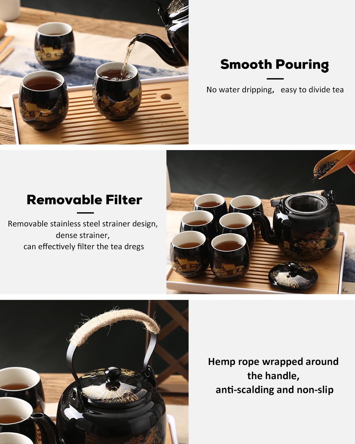 Service à Thé Japonais Dujust, Service à Thé en Porcelaine Noire avec 1 Théière, 6 Tasses à Thé, 1 Plateau de Service, 1 Infuseur en Acier Inoxydable, Magnifique Service à Thé Asiatique pour les Amateurs de Thé/Femmes/Hommes (Campagne Dorée)