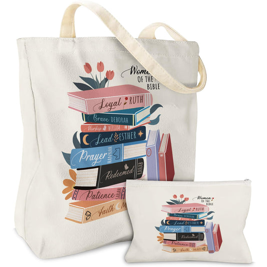 Wazzio Aesthetic 2 Pcs Canvas Tote Bag with Makeup Bag, Reusable Grocery Bags Set for Shopping Gym Travel Work Vacation