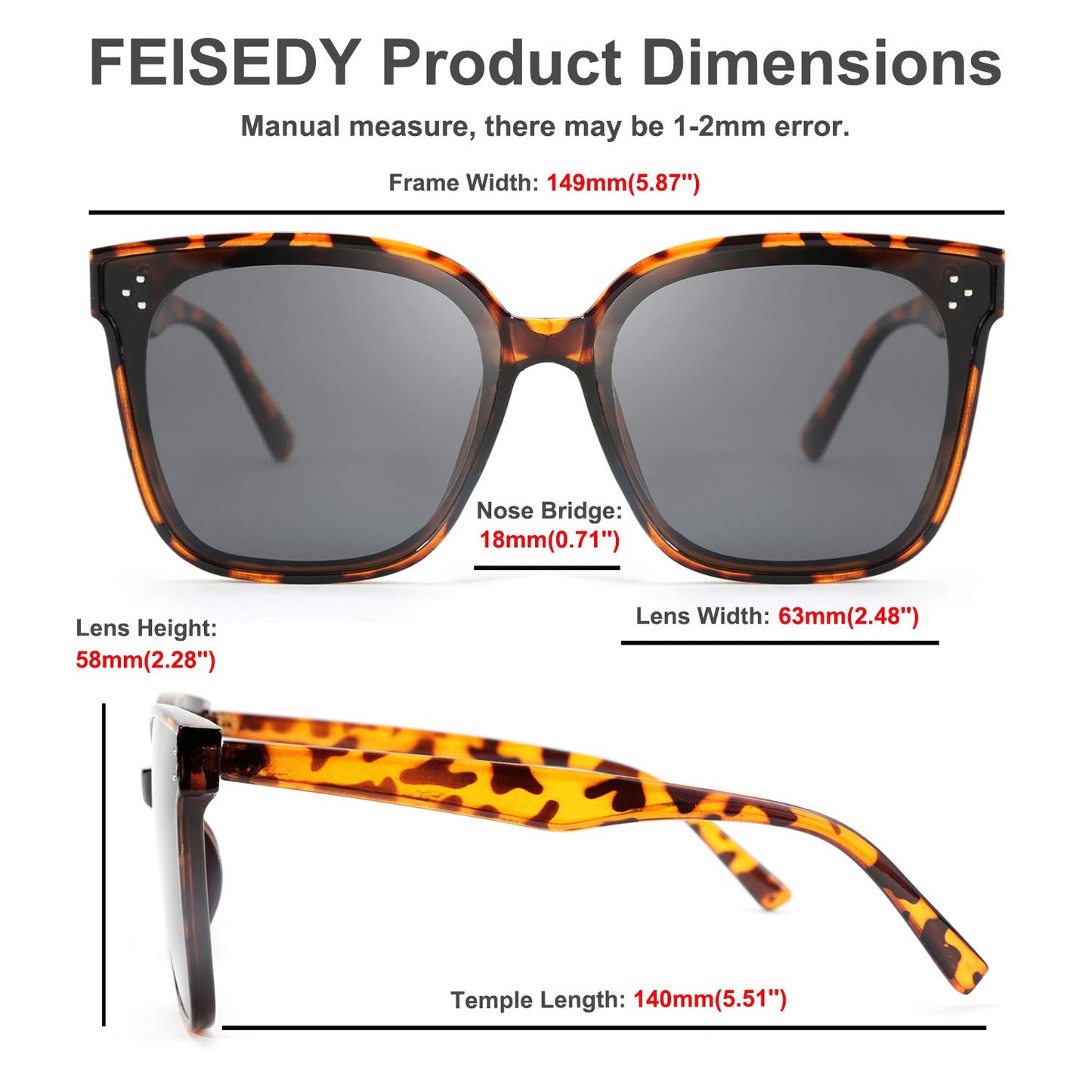 FEISEDY Lunettes de soleil polarisées carrées surdimensionnées rétro pour femmes et hommes, style minimaliste B2600