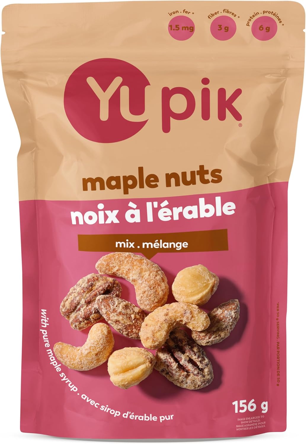 Mélange de noix à l'érable Yupik, 156 g, collation sans gluten, casher, sans OGM, noix glacées à l'érable, avec du sirop d'érable pur, amandes, noix de cajou, pacanes, noisettes rôties à sec, collation saveur cannelle douillette