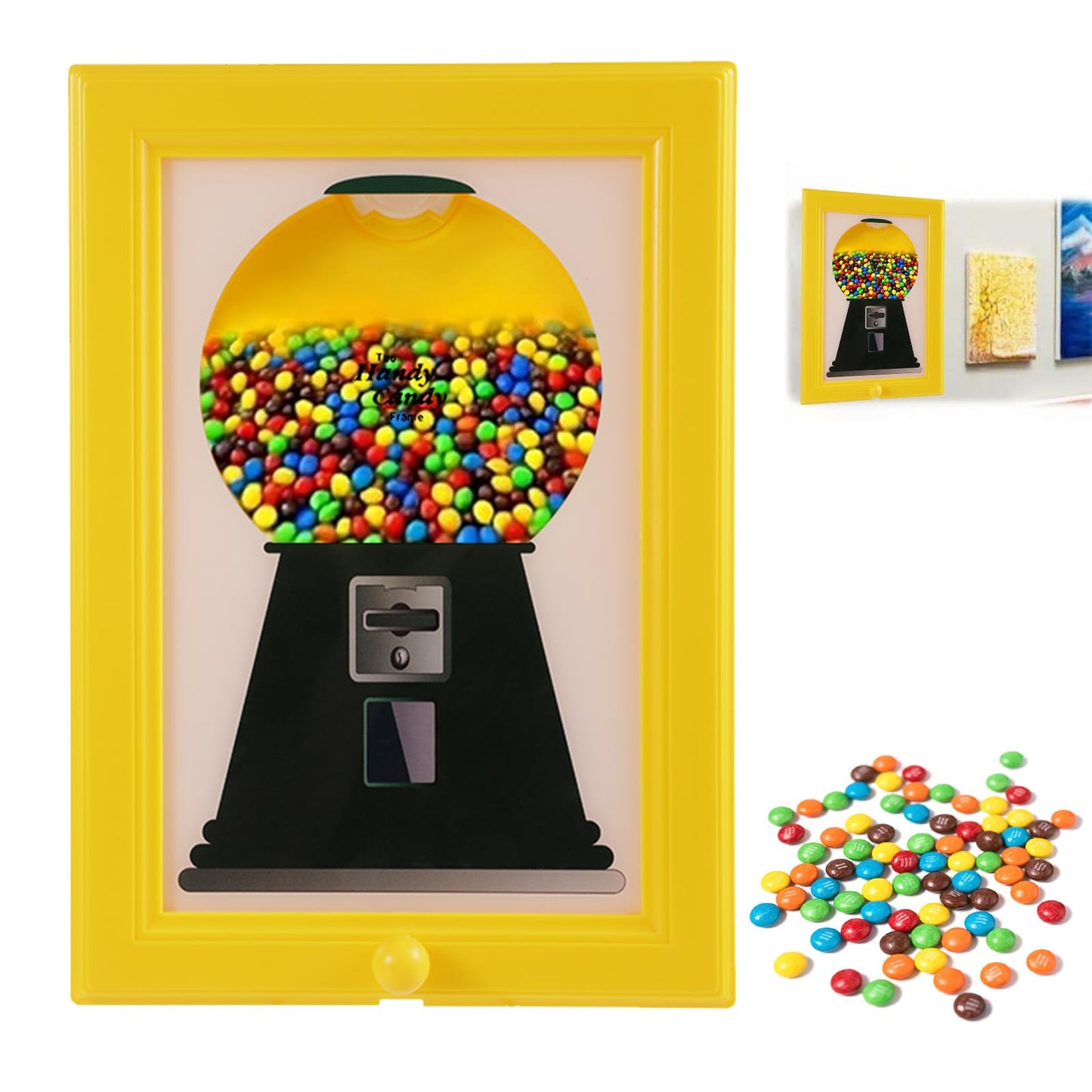 Candy Dispenser Picture Frame, Wall Mount Gumball Machine Creative Handy Candy Dispenser for Desk Countertop Adults & Children Room Decorative Sweet Display (Yellow)