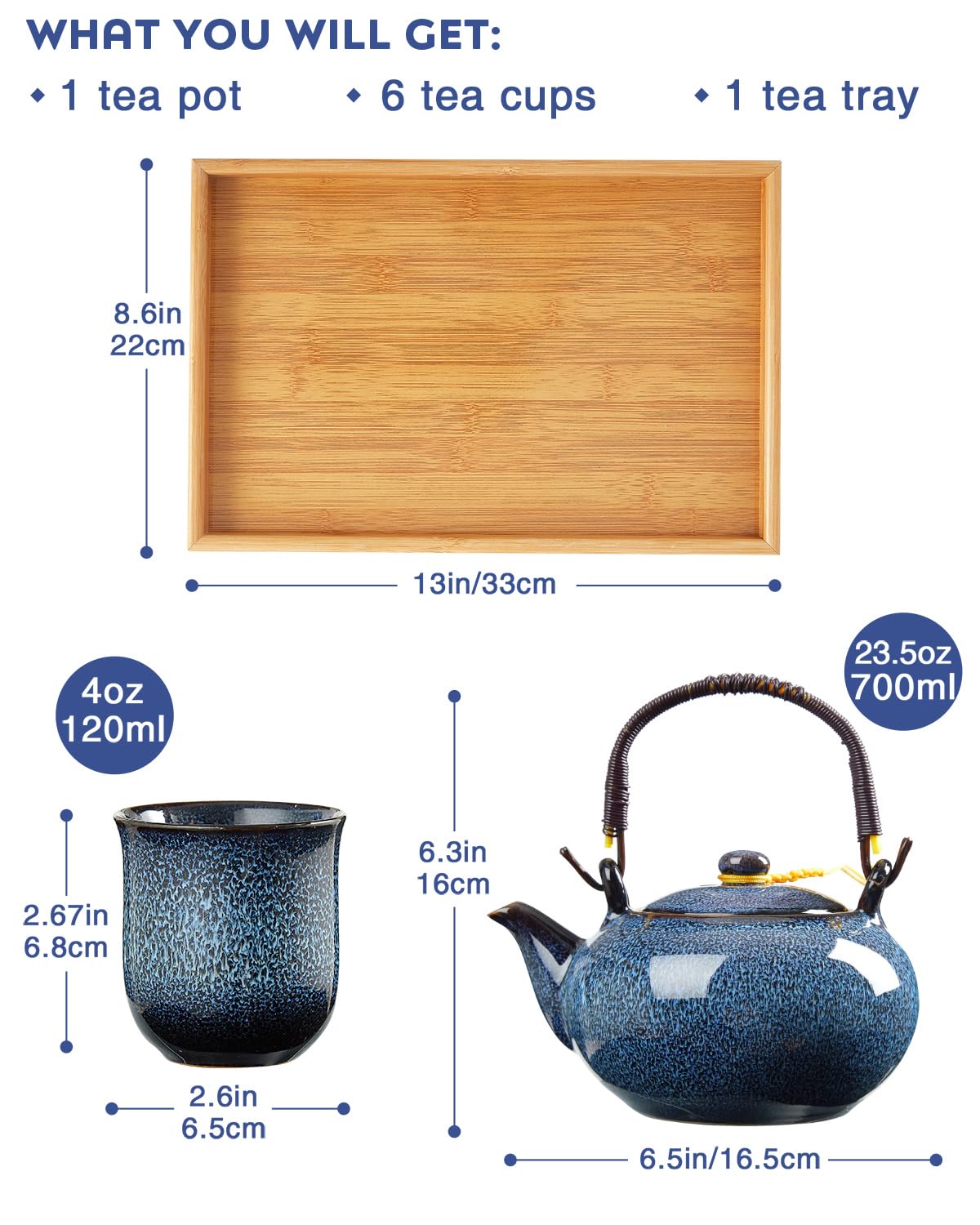 Service à Thé Japonais Dujust, Service à Thé en Porcelaine Noire avec 1 Théière, 6 Tasses à Thé, 1 Plateau de Service, 1 Infuseur en Acier Inoxydable, Magnifique Service à Thé Asiatique pour les Amateurs de Thé/Femmes/Hommes (Campagne Dorée)