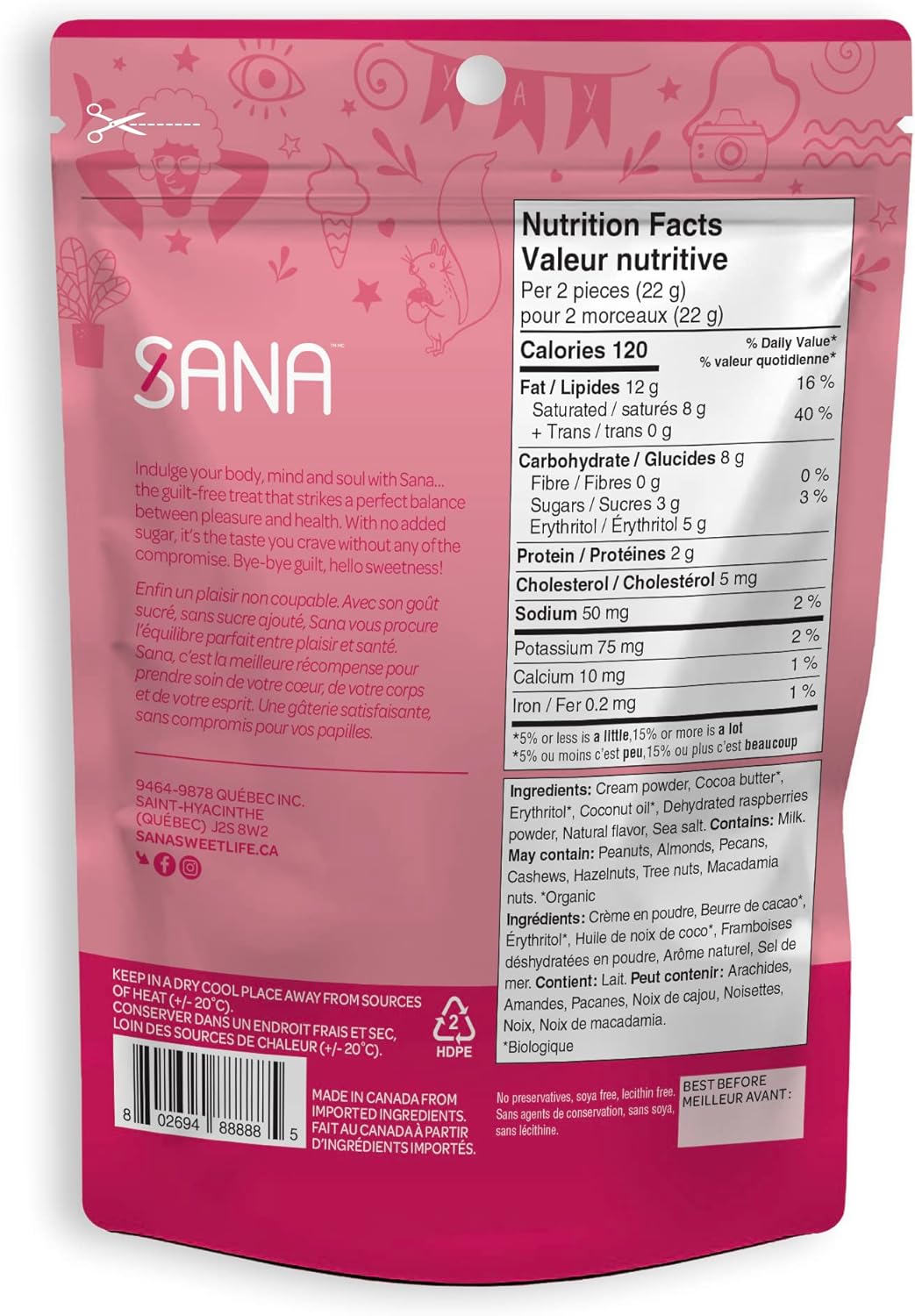 SANA Raspberry White Chocolaty Bites 40% Cocoa, Keto Friendly, Low Carb, No Sugar Added, Diabetic Friendly, Made in Canada, 100 grams