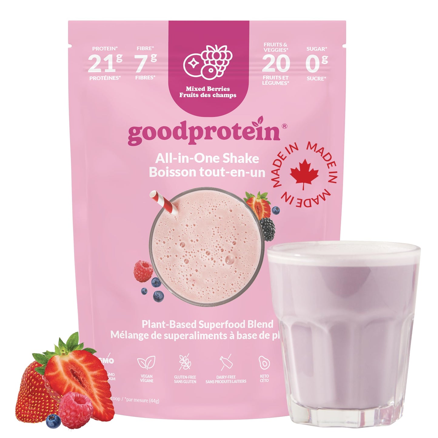 Good Protein Vegan Plant-based Protein Powder 100% Natural, Non-GMO, Dairy-free, Gluten-free, Soy-free, No Added Sugar and Nothing Artificial. Strawberries & Cream All-in-One Shake 440 grams