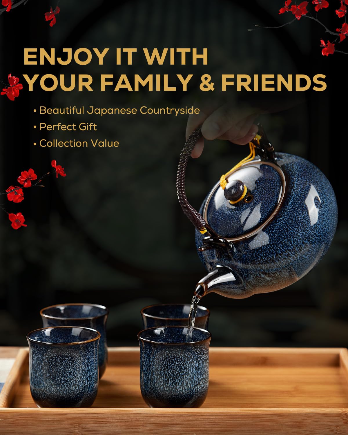 Service à Thé Japonais Dujust, Service à Thé en Porcelaine Noire avec 1 Théière, 6 Tasses à Thé, 1 Plateau de Service, 1 Infuseur en Acier Inoxydable, Magnifique Service à Thé Asiatique pour les Amateurs de Thé/Femmes/Hommes (Campagne Dorée)