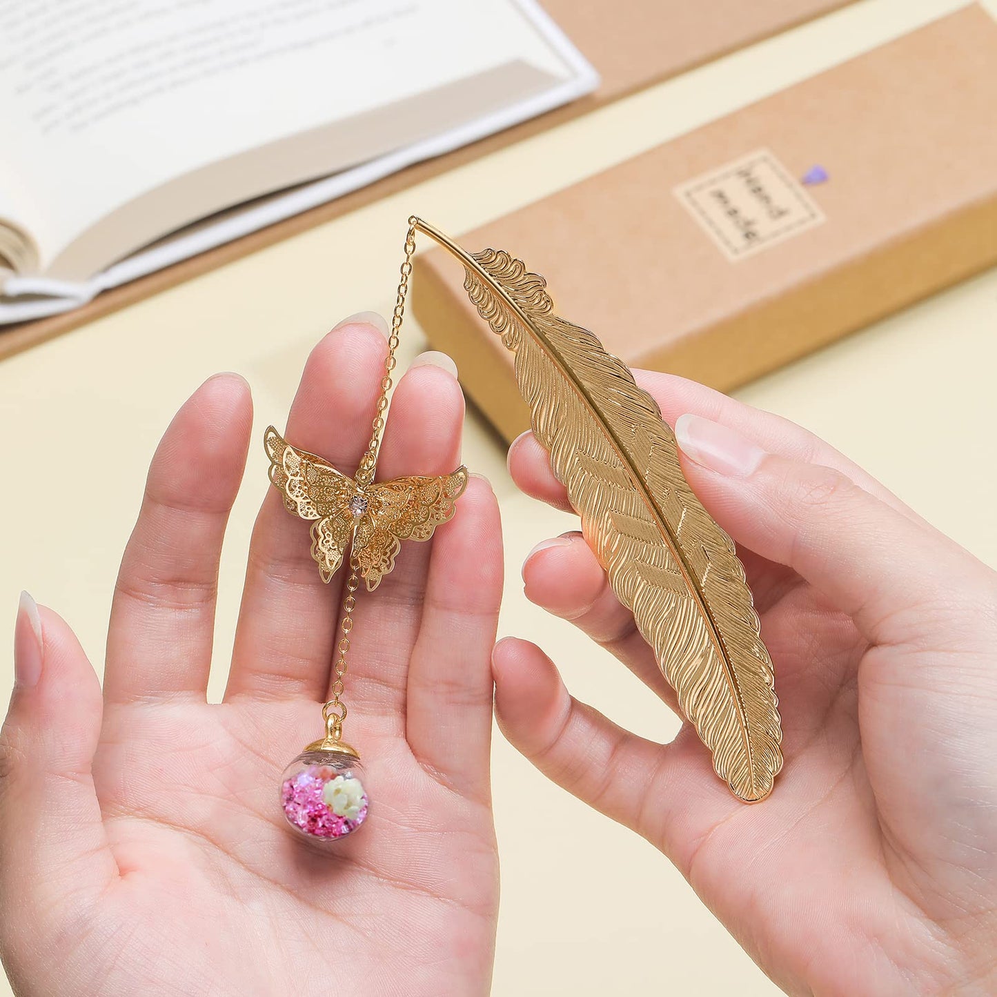 Jiazhenep Metal Feather Bookmark with Butterfly Charms,Mothers Day Christmas Gifts,Teacher Appreciation Gifts Bookmarks for Women Grils Mom Readers Book Lovers