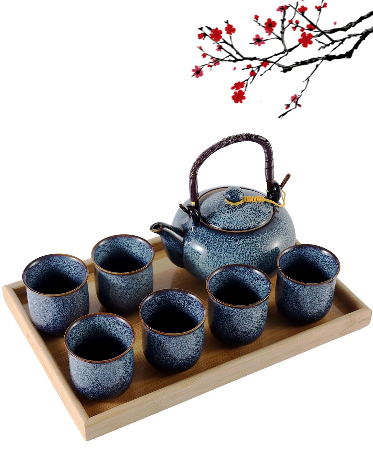 Service à Thé Japonais Dujust, Service à Thé en Porcelaine Noire avec 1 Théière, 6 Tasses à Thé, 1 Plateau de Service, 1 Infuseur en Acier Inoxydable, Magnifique Service à Thé Asiatique pour les Amateurs de Thé/Femmes/Hommes (Campagne Dorée)