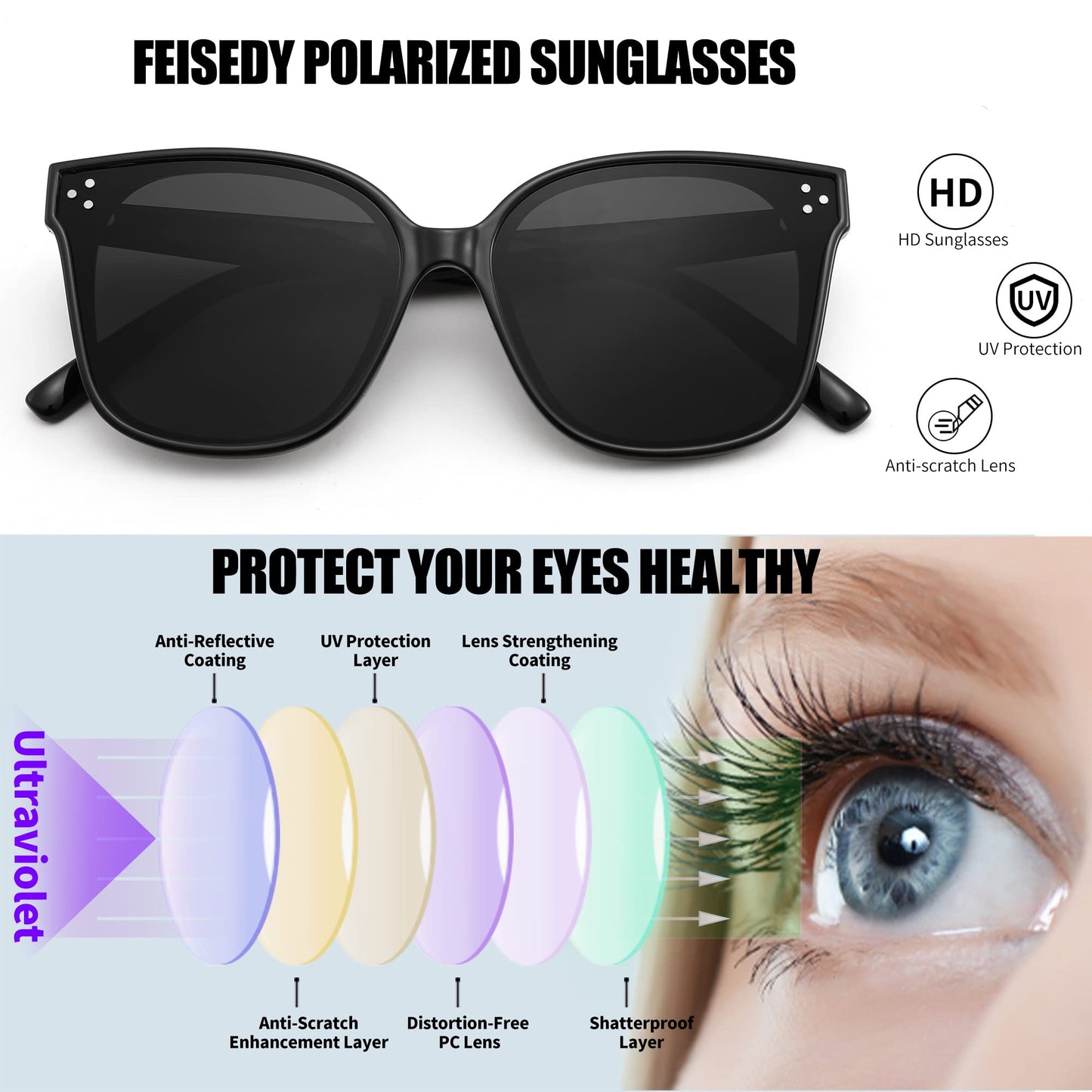 FEISEDY Lunettes de soleil polarisées carrées surdimensionnées rétro pour femmes et hommes, style minimaliste B2600