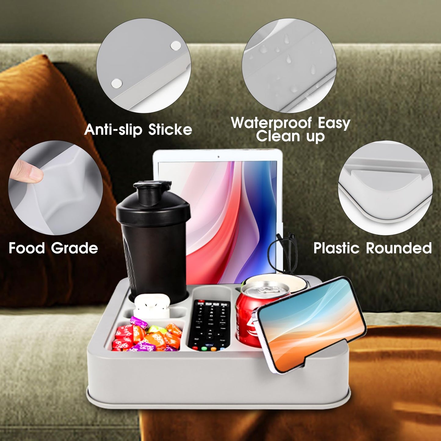Couch Cup Holder Bed Caddy Couch Caddy Couch Tray Cup Holder for Couch,Couch Caddy with Cup Holder for Remote Phone Tablet Beverage Snack Gray.