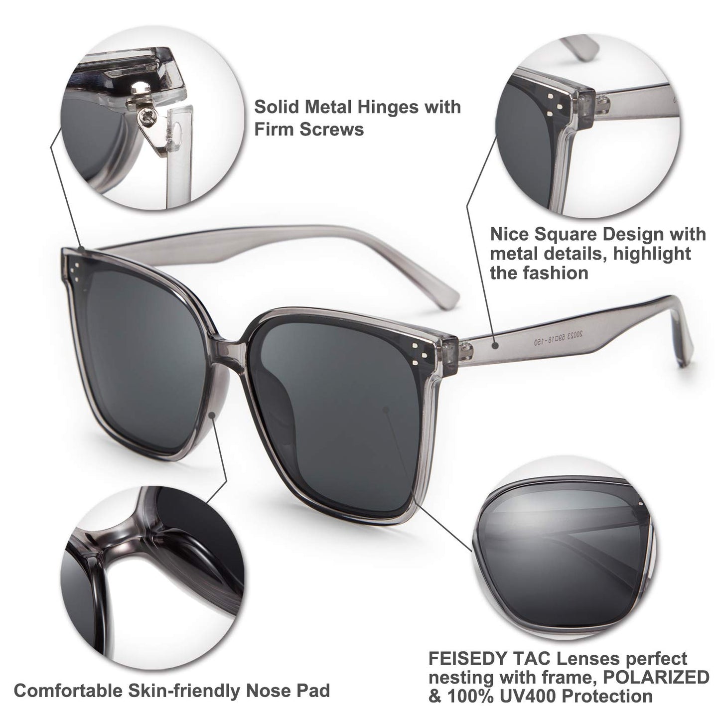 FEISEDY Lunettes de soleil polarisées carrées surdimensionnées rétro pour femmes et hommes, style minimaliste B2600