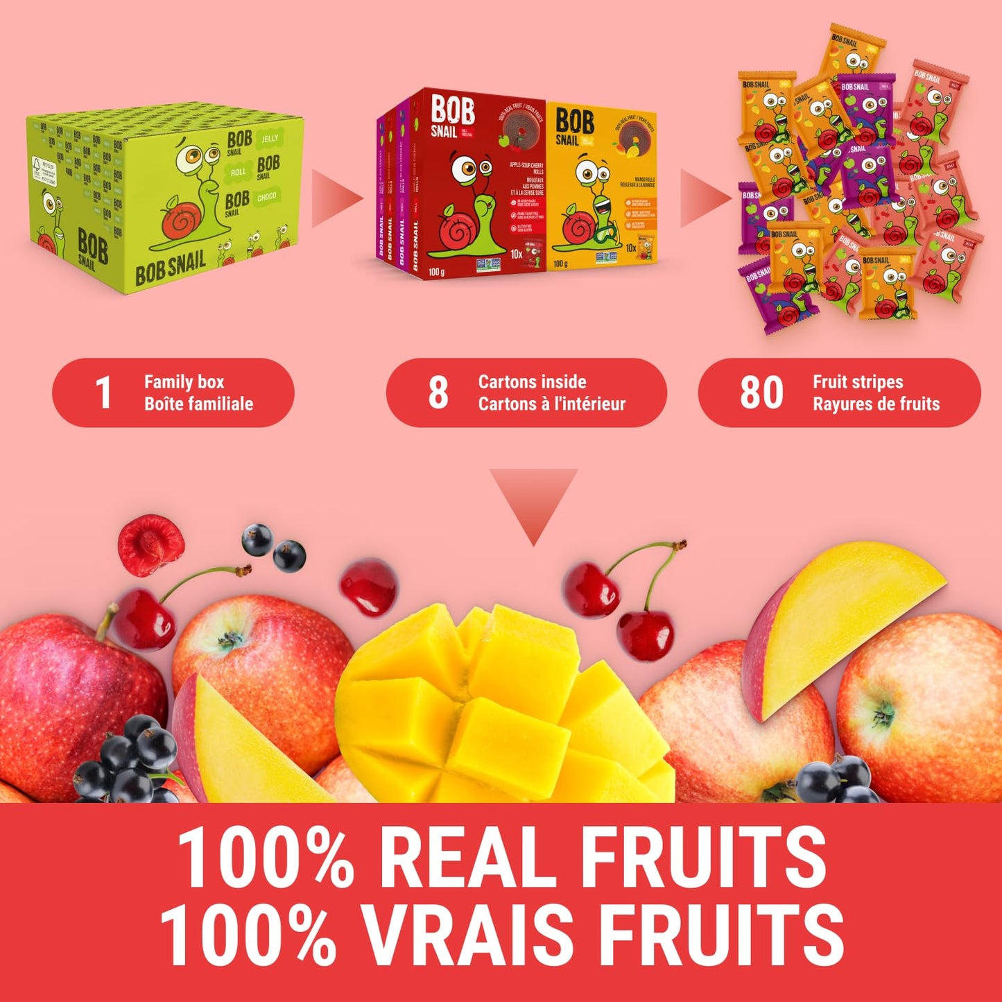 Bob Snail Fruit Roll Ups – Healthy Sweets Snacks, Real Dried Fruits, No Added Sugar, Vegan, Nut Free, Candy for Adults, Kids, with Blueberry, Raspberry, Strawberry – Bulk gift Box 80 pcs Rolls, 800g