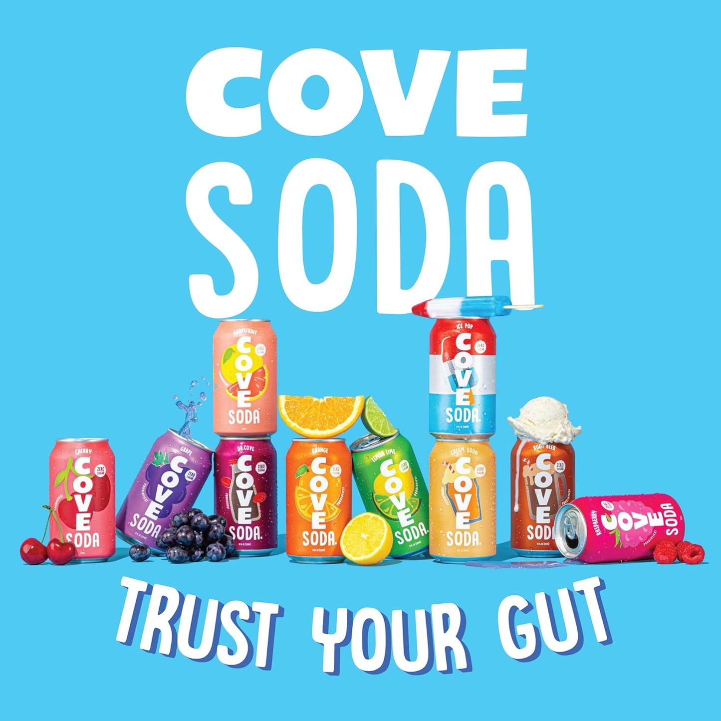 Cove Probiotic Soda, Zero Sugar Better-For-You Alternative - Refreshing, Delicious Probiotic Drink, No Artificial Colours & Caffeine Free - Raspberry, 12 Pack