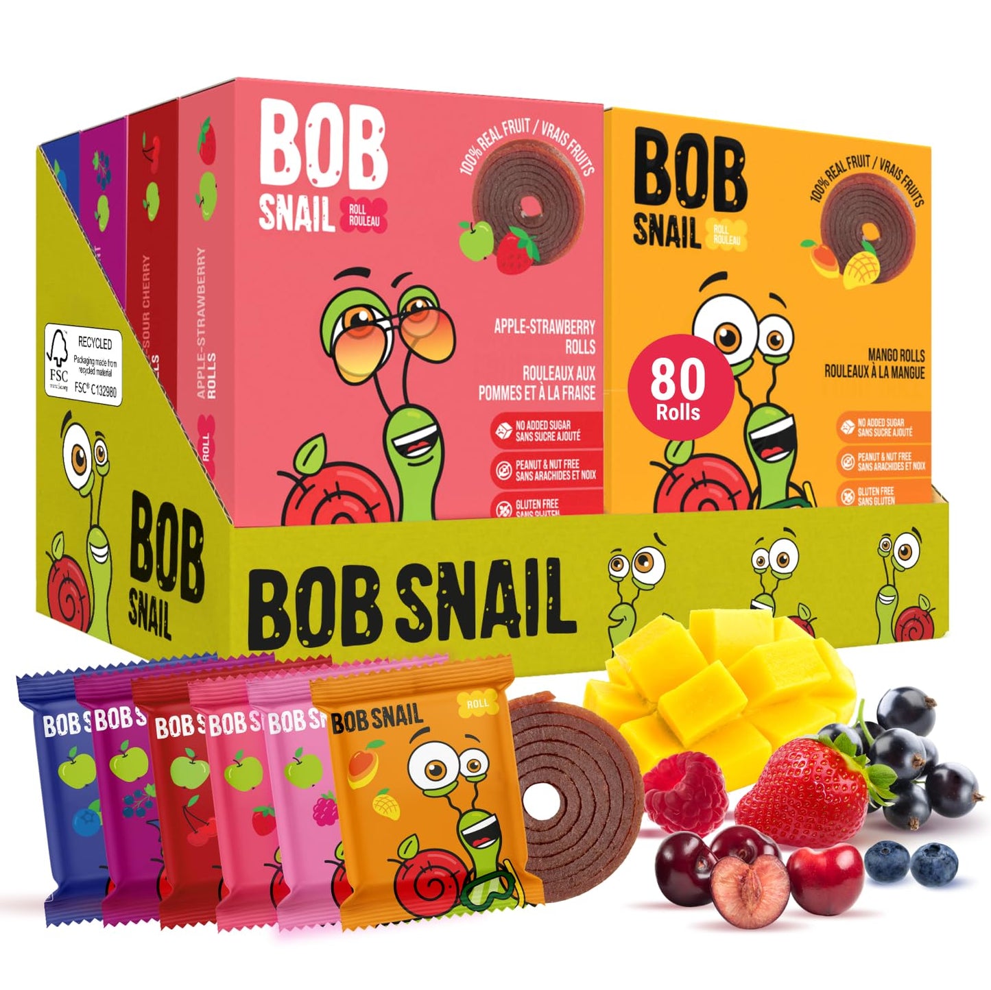 Bob Snail Fruit Roll Ups – Healthy Sweets Snacks, Real Dried Fruits, No Added Sugar, Vegan, Nut Free, Candy for Adults, Kids, with Blueberry, Raspberry, Strawberry – Bulk gift Box 80 pcs Rolls, 800g