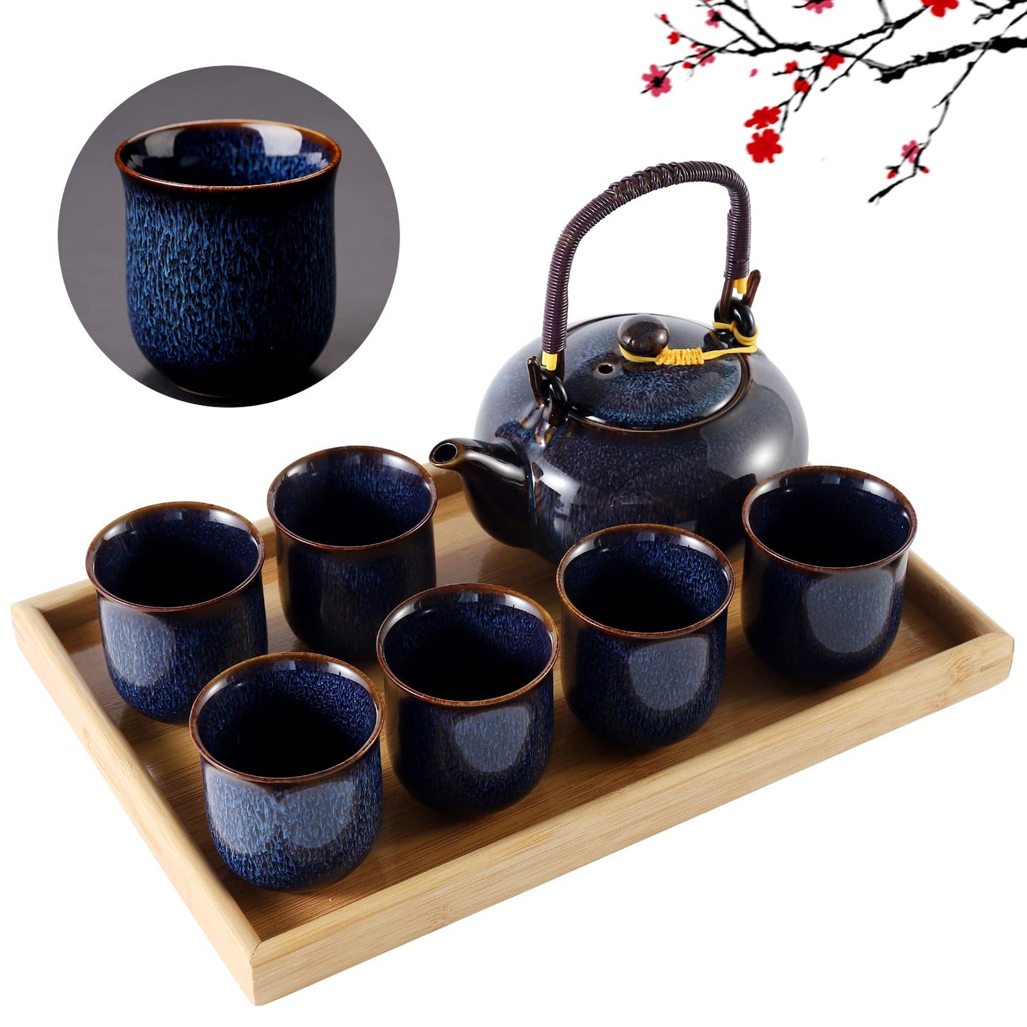 Service à Thé Japonais Dujust, Service à Thé en Porcelaine Noire avec 1 Théière, 6 Tasses à Thé, 1 Plateau de Service, 1 Infuseur en Acier Inoxydable, Magnifique Service à Thé Asiatique pour les Amateurs de Thé/Femmes/Hommes (Campagne Dorée)
