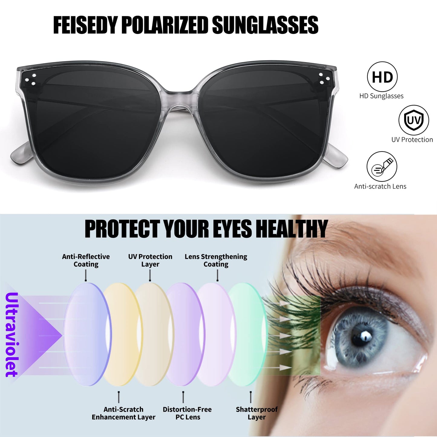 FEISEDY Lunettes de soleil polarisées carrées surdimensionnées rétro pour femmes et hommes, style minimaliste B2600