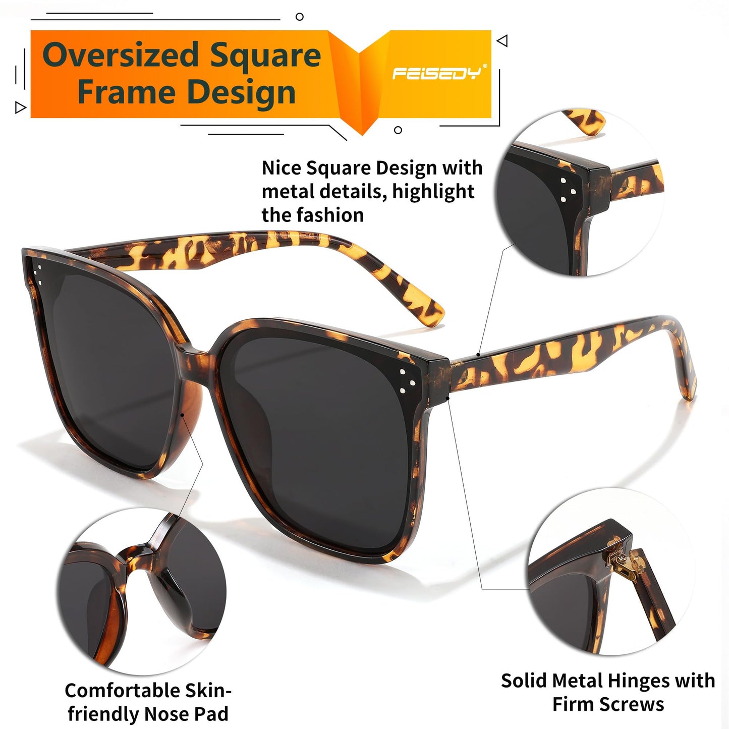 FEISEDY Lunettes de soleil polarisées carrées surdimensionnées rétro pour femmes et hommes, style minimaliste B2600