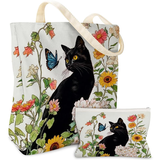 Wazzio Aesthetic 2 Pcs Canvas Tote Bag with Makeup Bag, Reusable Grocery Bags Set for Shopping Gym Travel Work Vacation