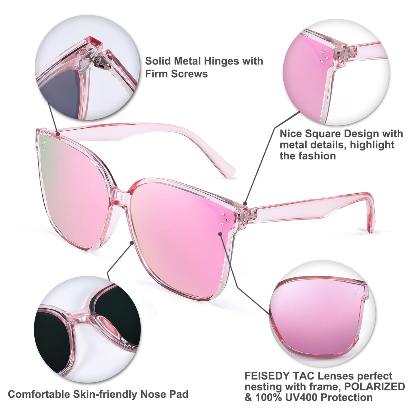 FEISEDY Lunettes de soleil polarisées carrées surdimensionnées rétro pour femmes et hommes, style minimaliste B2600