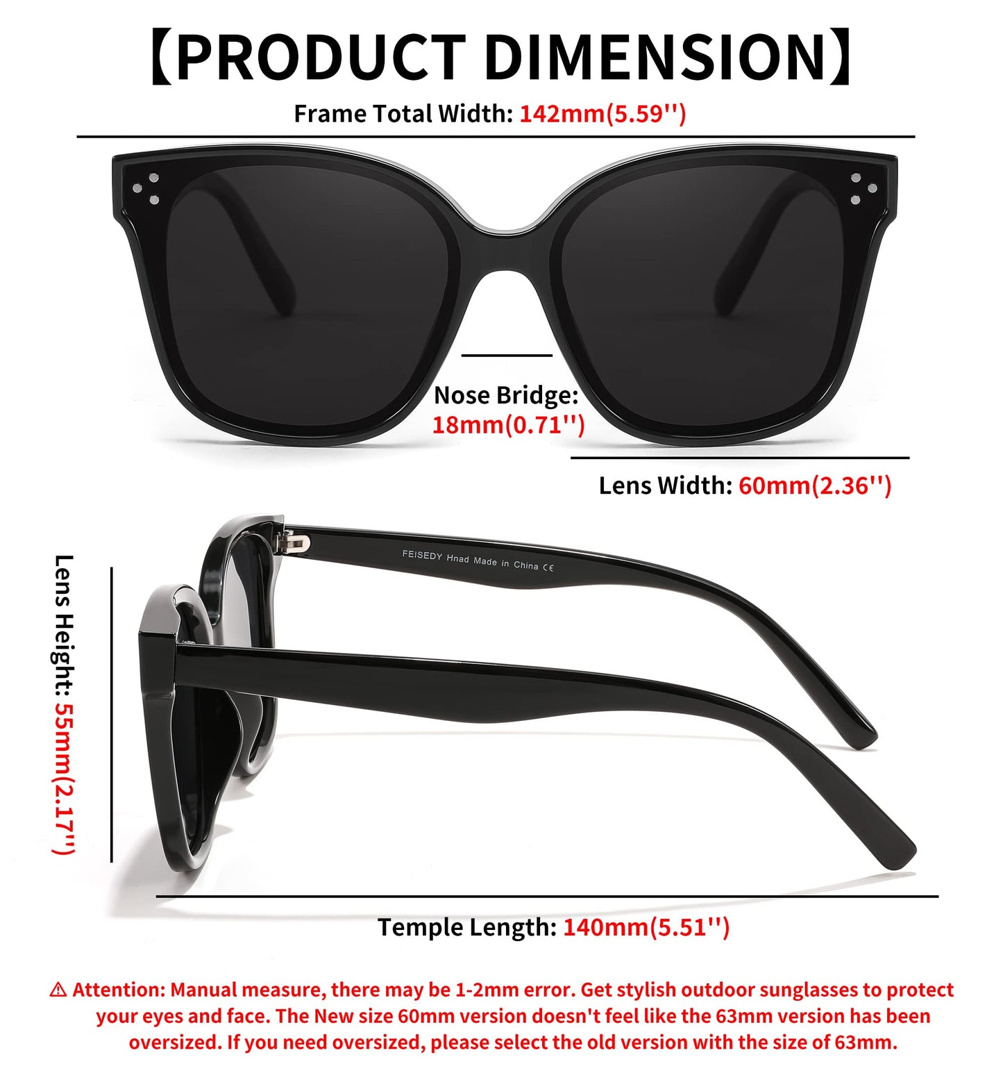 FEISEDY Lunettes de soleil polarisées carrées surdimensionnées rétro pour femmes et hommes, style minimaliste B2600