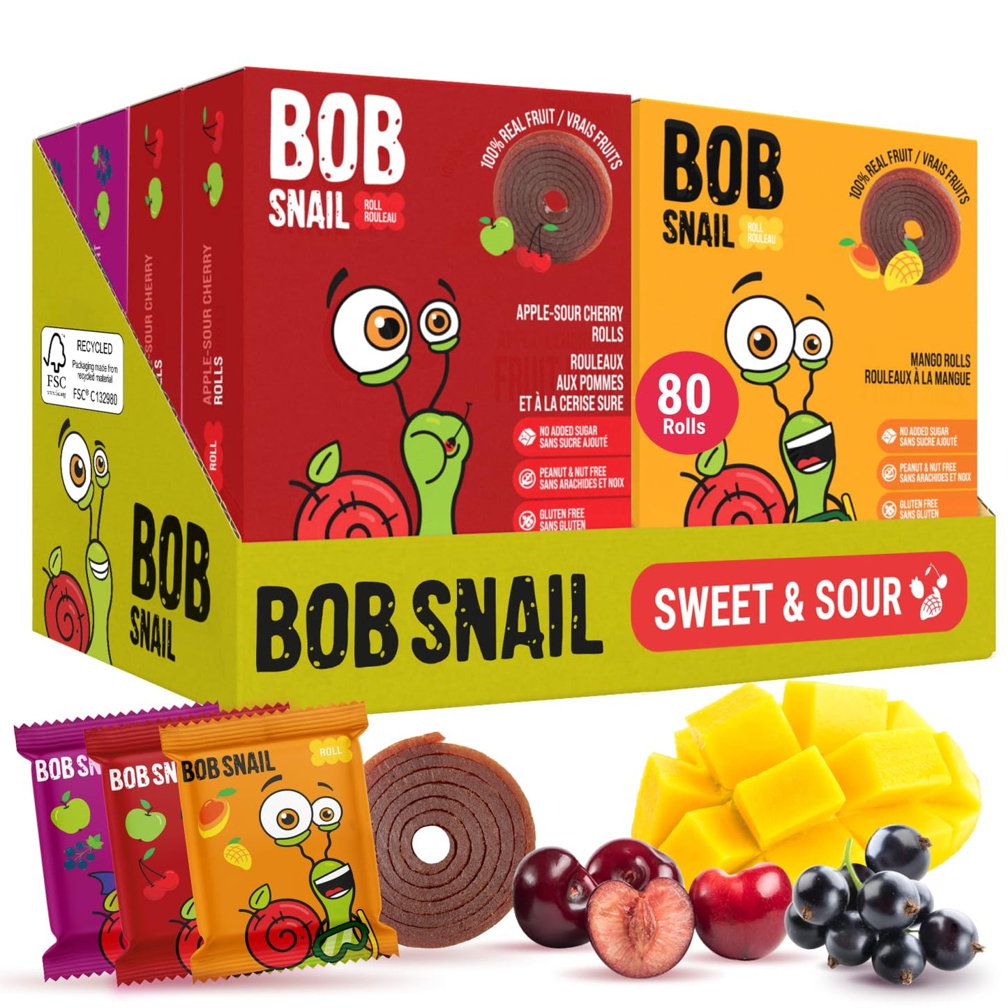 Bob Snail Fruit Roll Ups – Healthy Sweets Snacks, Real Dried Fruits, No Added Sugar, Vegan, Nut Free, Candy for Adults, Kids, with Blueberry, Raspberry, Strawberry – Bulk gift Box 80 pcs Rolls, 800g