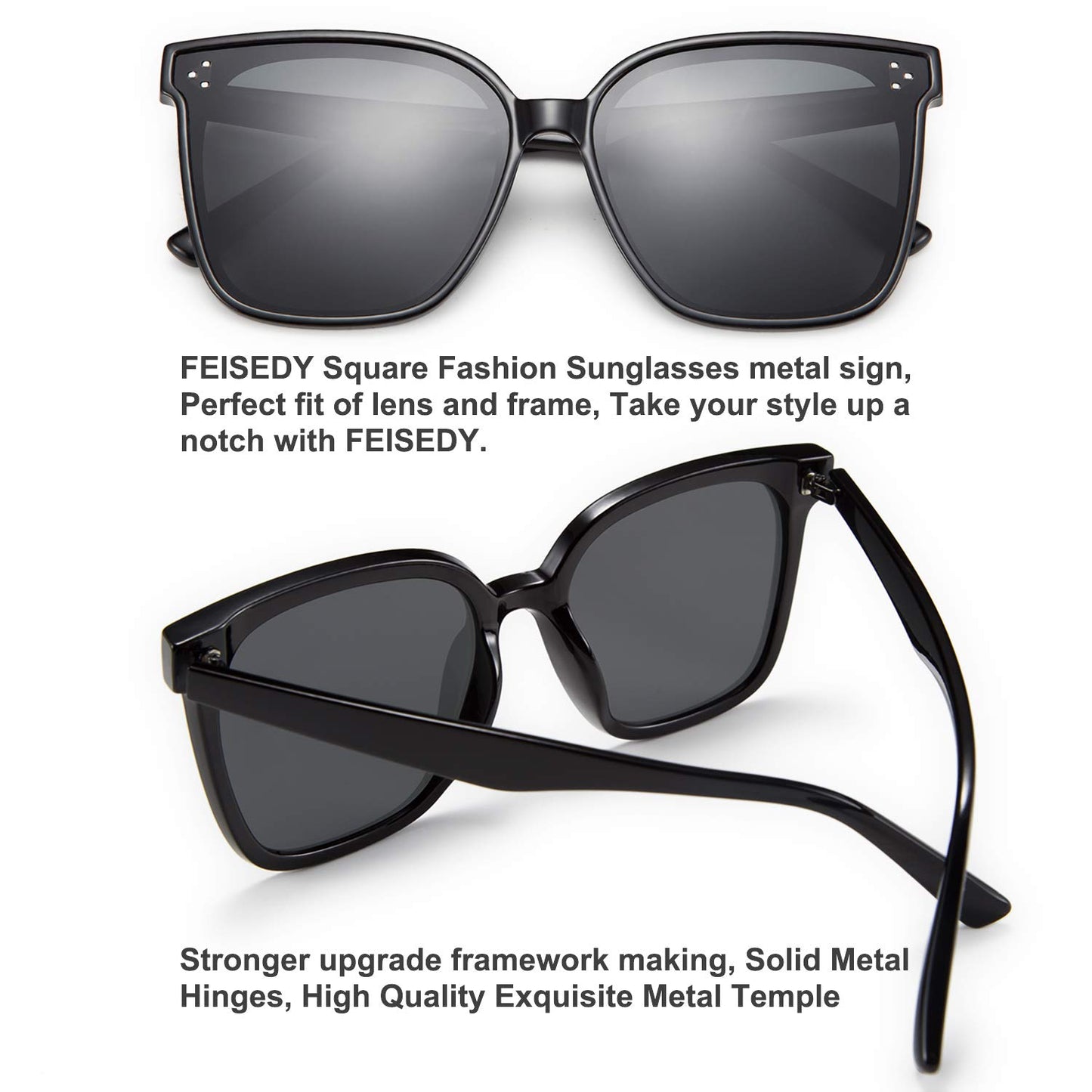 FEISEDY Lunettes de soleil polarisées carrées surdimensionnées rétro pour femmes et hommes, style minimaliste B2600