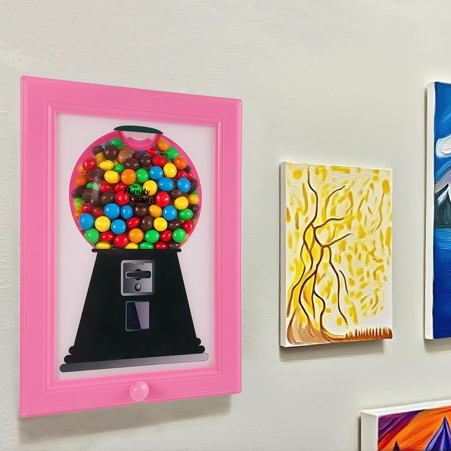 Candy Dispenser Picture Frame, Wall Mount Gumball Machine Creative Handy Candy Dispenser for Desk Countertop Adults & Children Room Decorative Sweet Display (Yellow)