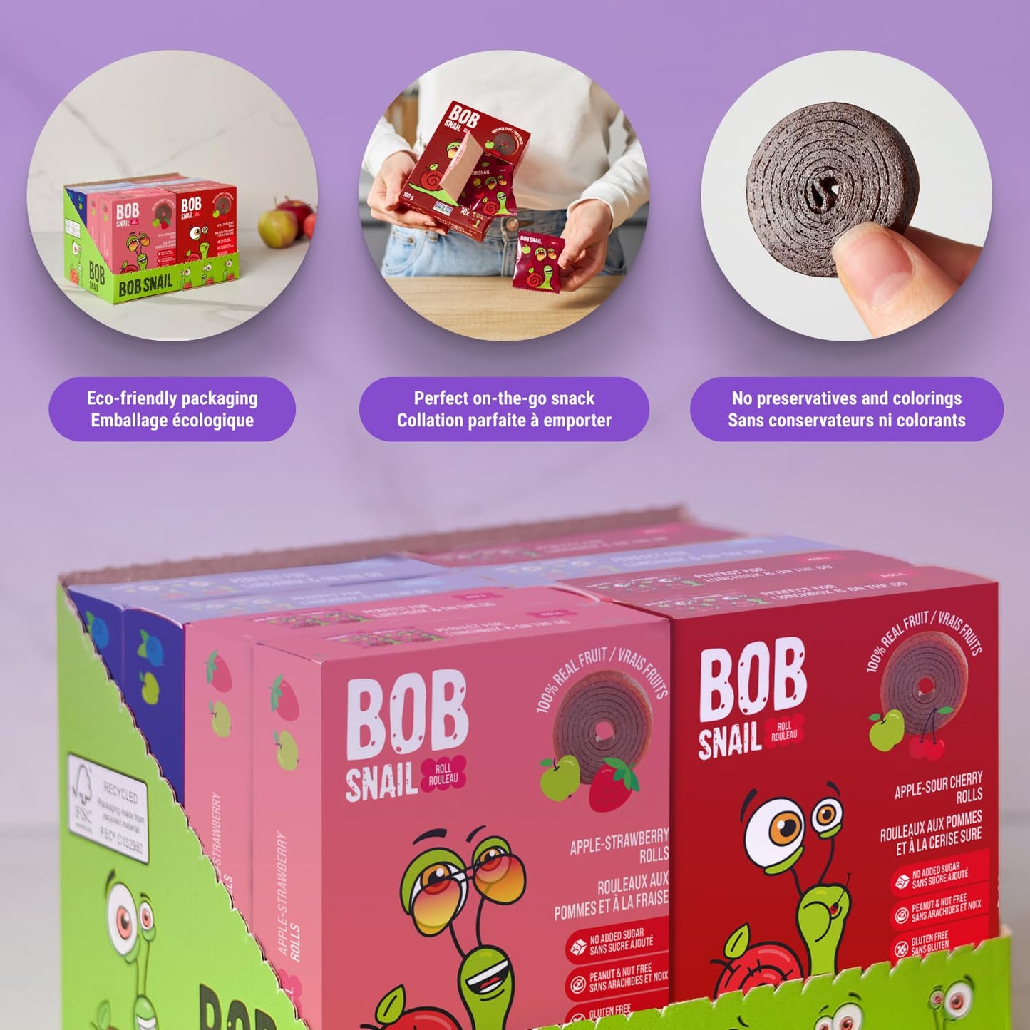 Bob Snail Fruit Roll Ups – Healthy Sweets Snacks, Real Dried Fruits, No Added Sugar, Vegan, Nut Free, Candy for Adults, Kids, with Blueberry, Raspberry, Strawberry – Bulk gift Box 80 pcs Rolls, 800g