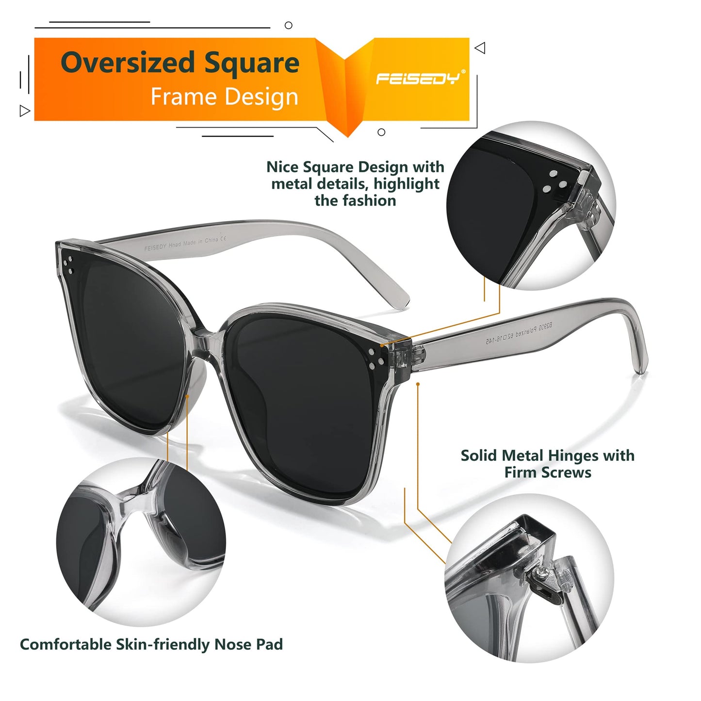 FEISEDY Lunettes de soleil polarisées carrées surdimensionnées rétro pour femmes et hommes, style minimaliste B2600