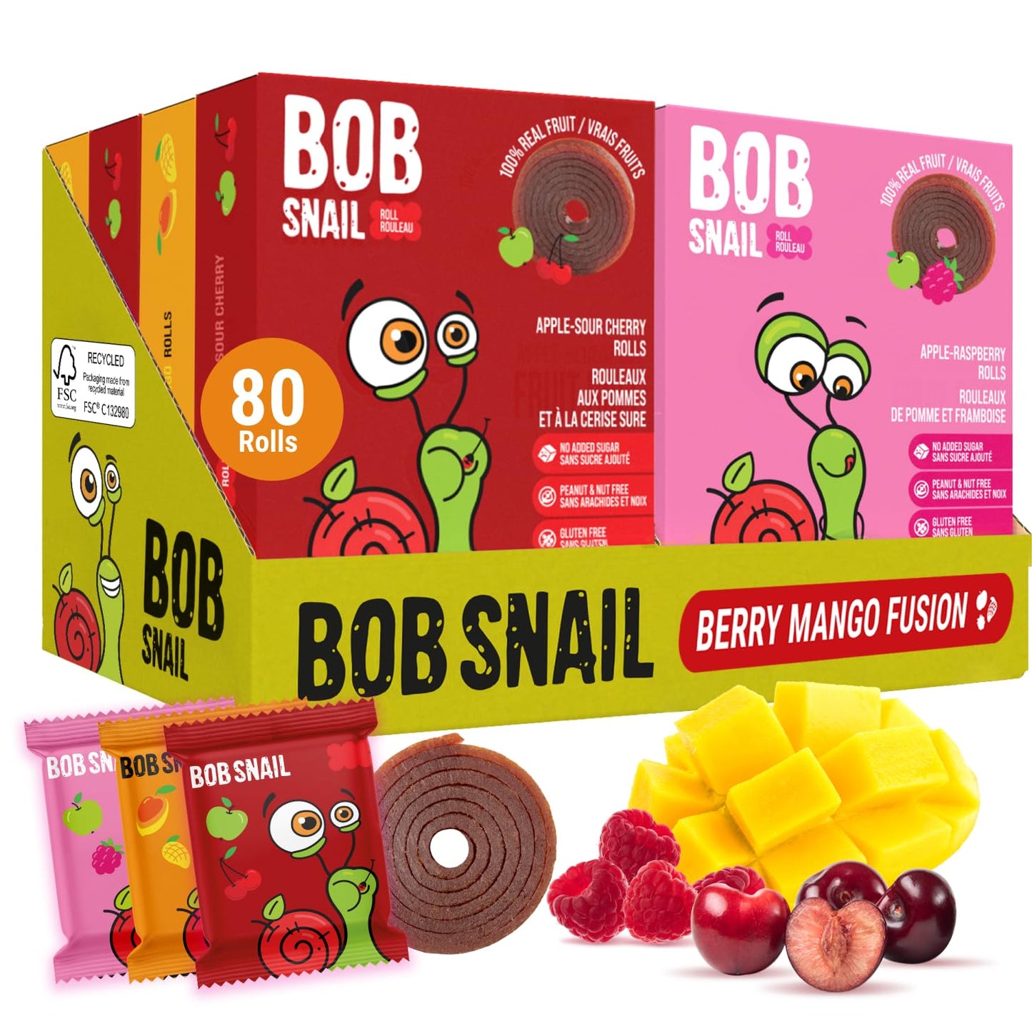 Bob Snail Fruit Roll Ups – Healthy Sweets Snacks, Real Dried Fruits, No Added Sugar, Vegan, Nut Free, Candy for Adults, Kids, with Blueberry, Raspberry, Strawberry – Bulk gift Box 80 pcs Rolls, 800g