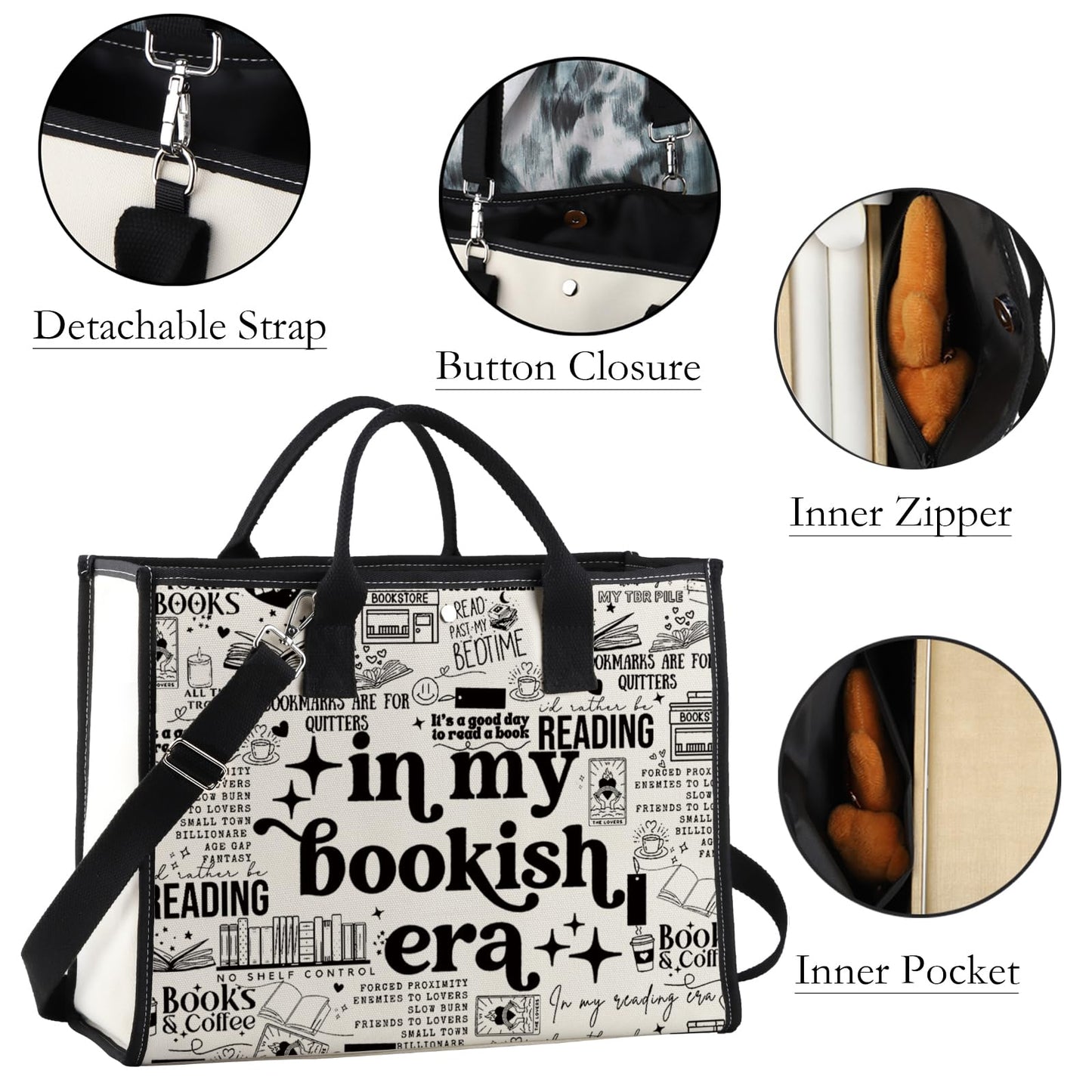 WCGXKO In My Bookish Era Canvas Tote Bag Reading Lover Gift Bookworm Reader Shopping Bag