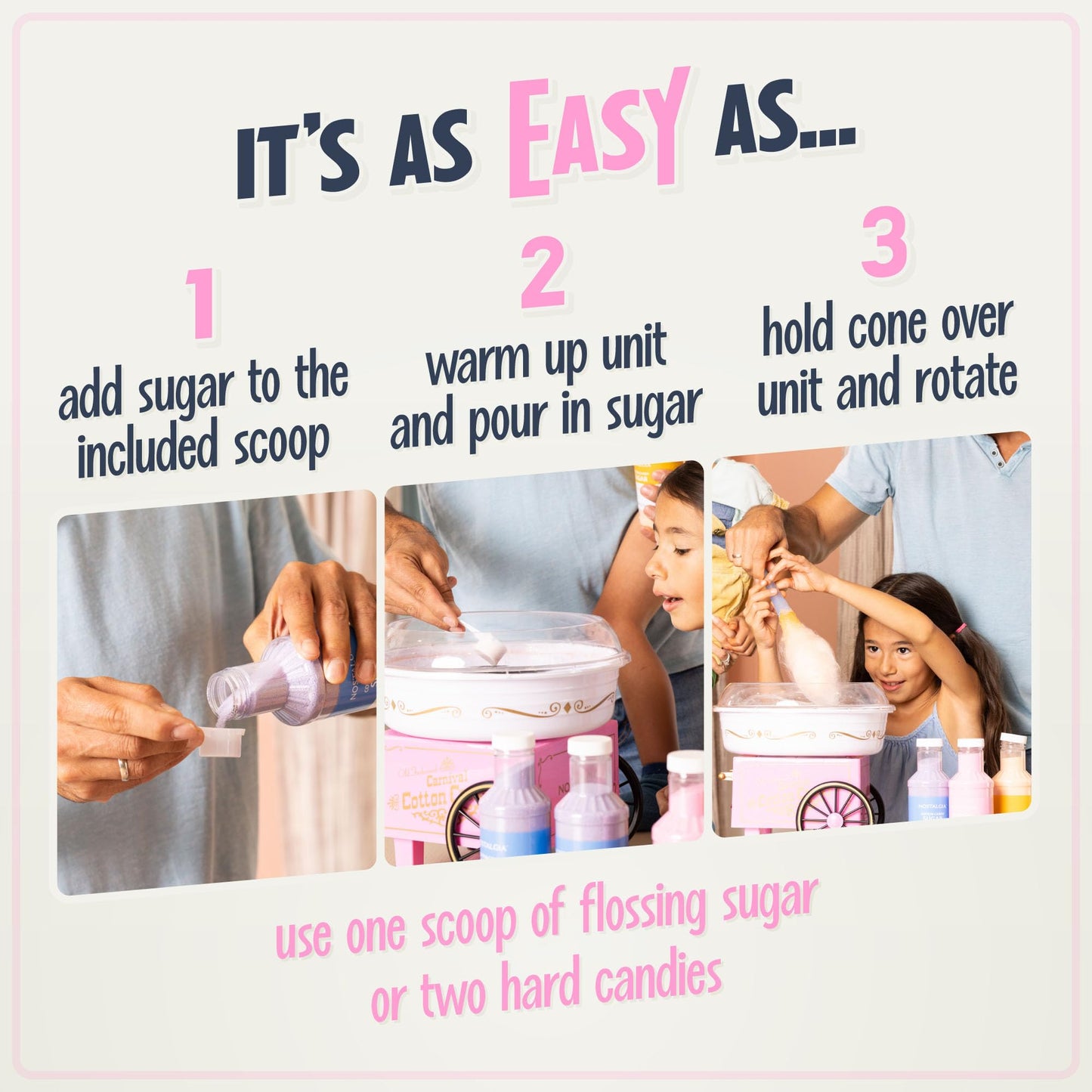 Nostalgia PCM306PK Vintage Hard and Sugar Free Countertop Original Cotton Candy Maker, Includes 2 Reusable Cones, Scoop – Pink