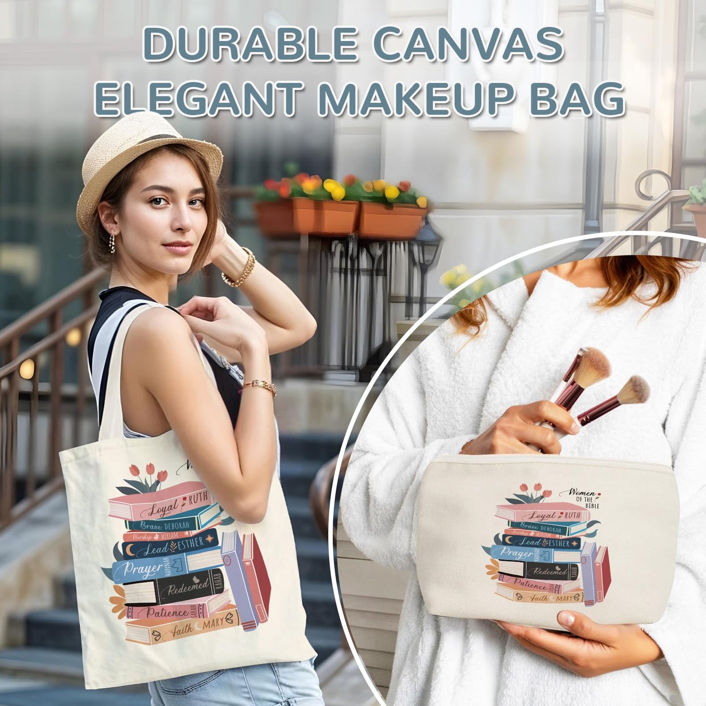 Wazzio Aesthetic Lot de 2 Sacs Fourre-Tout en Toile avec Trousse de Maquillage, Sacs de Courses Réutilisables pour le Shopping, la Salle de Sport, les Voyages, le Travail, les Vacances