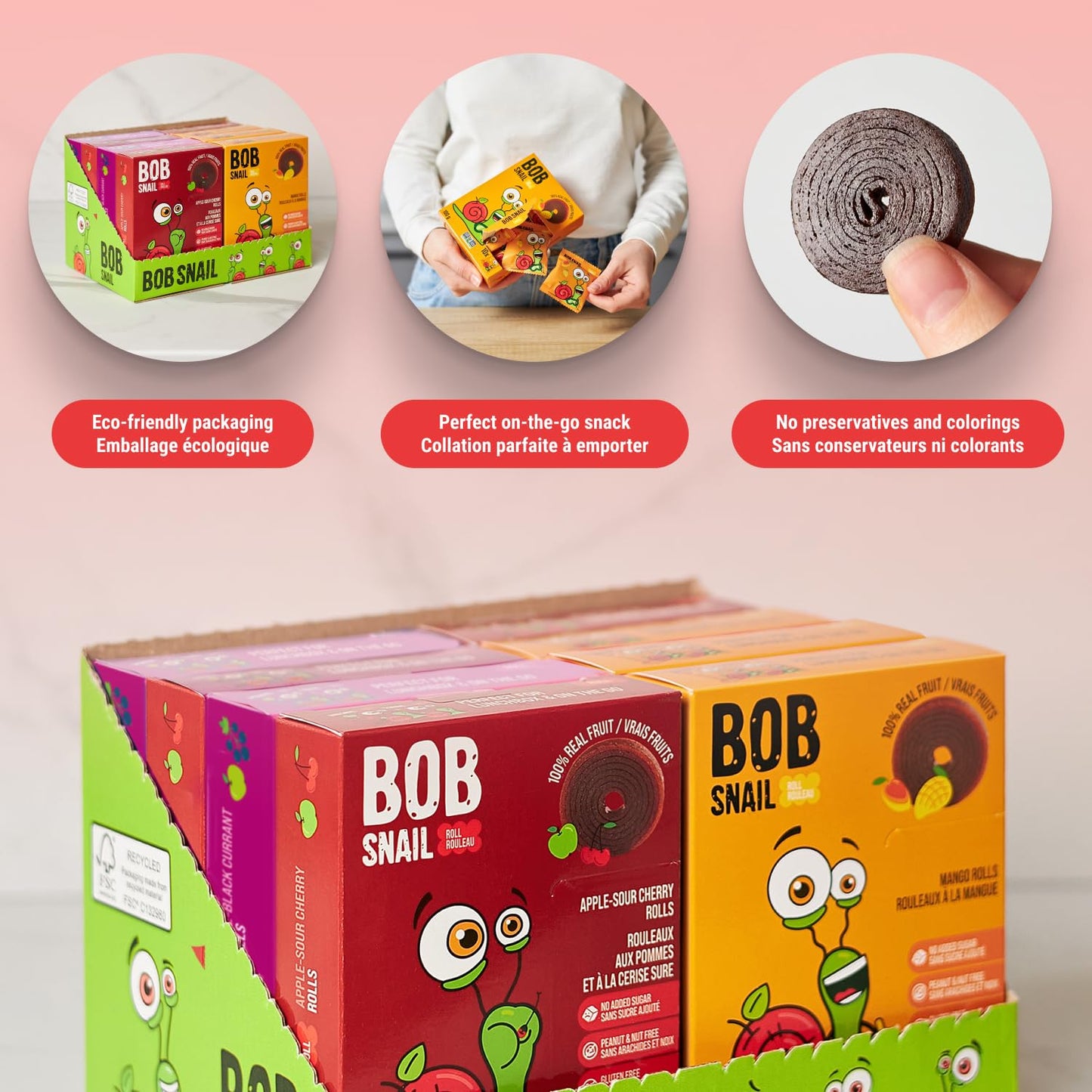 Bob Snail Fruit Roll Ups – Healthy Sweets Snacks, Real Dried Fruits, No Added Sugar, Vegan, Nut Free, Candy for Adults, Kids, with Blueberry, Raspberry, Strawberry – Bulk gift Box 80 pcs Rolls, 800g