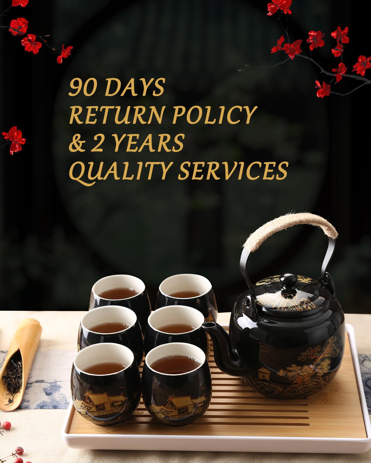 Service à Thé Japonais Dujust, Service à Thé en Porcelaine Noire avec 1 Théière, 6 Tasses à Thé, 1 Plateau de Service, 1 Infuseur en Acier Inoxydable, Magnifique Service à Thé Asiatique pour les Amateurs de Thé/Femmes/Hommes (Campagne Dorée)