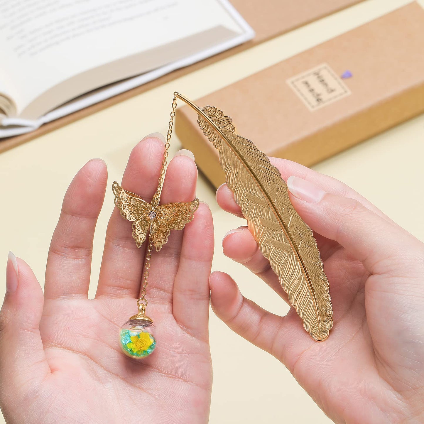 Jiazhenep Metal Feather Bookmark with Butterfly Charms,Mothers Day Christmas Gifts,Teacher Appreciation Gifts Bookmarks for Women Grils Mom Readers Book Lovers