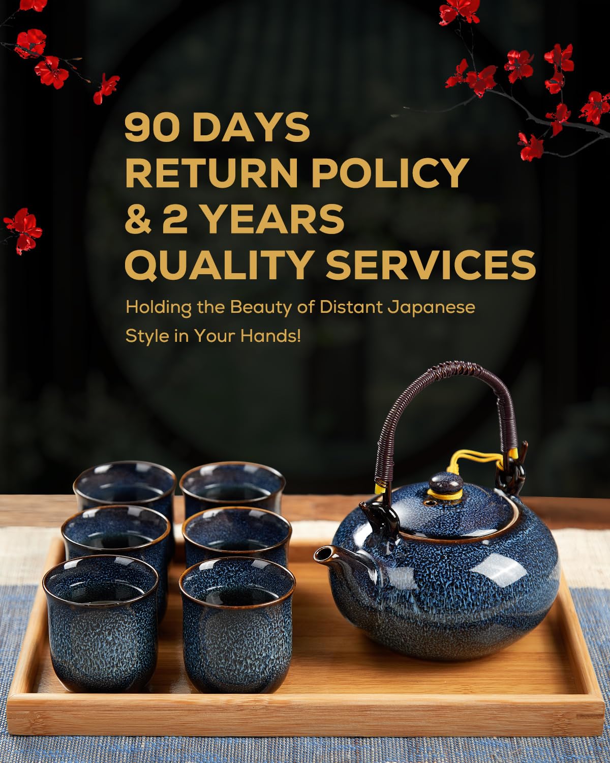 Service à Thé Japonais Dujust, Service à Thé en Porcelaine Noire avec 1 Théière, 6 Tasses à Thé, 1 Plateau de Service, 1 Infuseur en Acier Inoxydable, Magnifique Service à Thé Asiatique pour les Amateurs de Thé/Femmes/Hommes (Campagne Dorée)