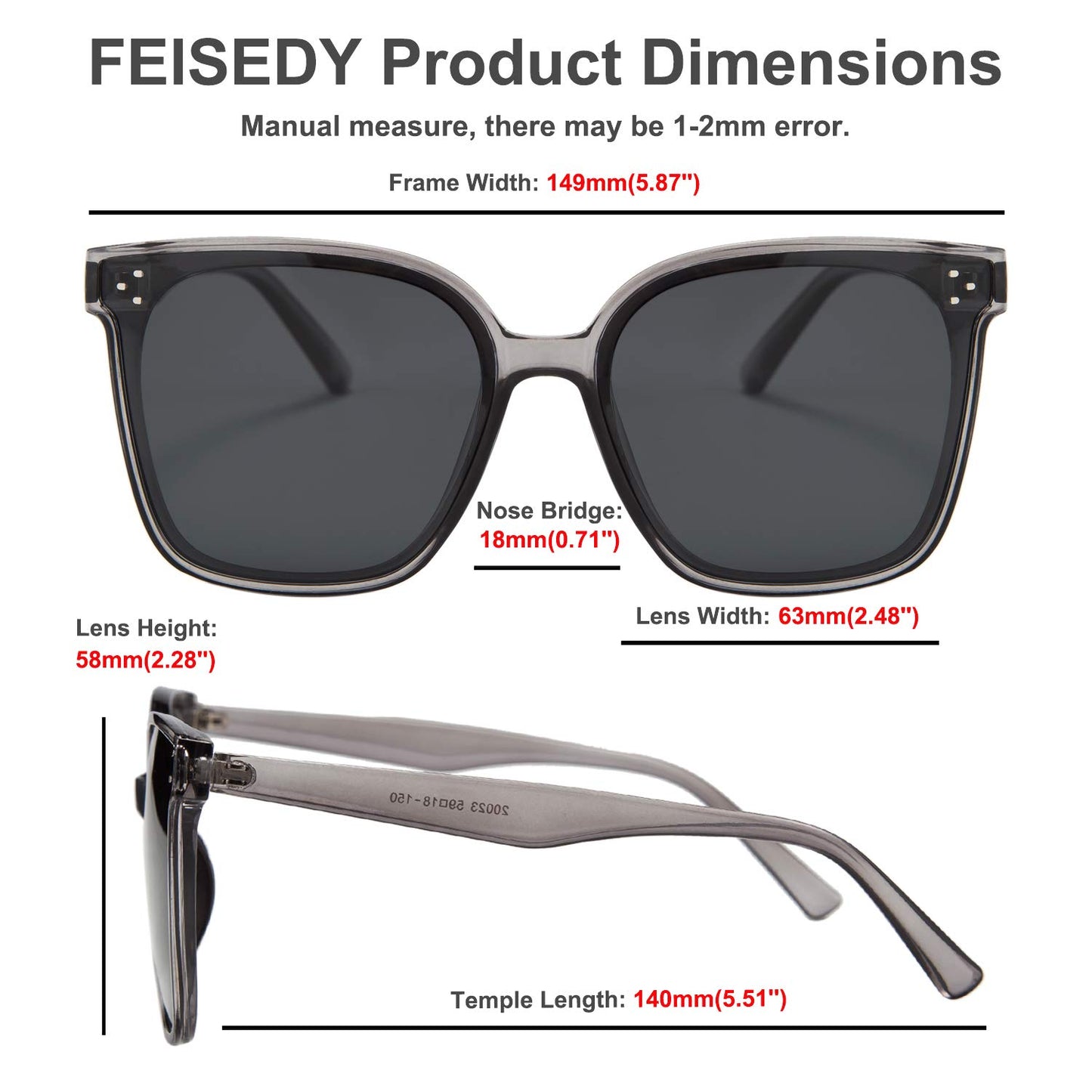 FEISEDY Lunettes de soleil polarisées carrées surdimensionnées rétro pour femmes et hommes, style minimaliste B2600