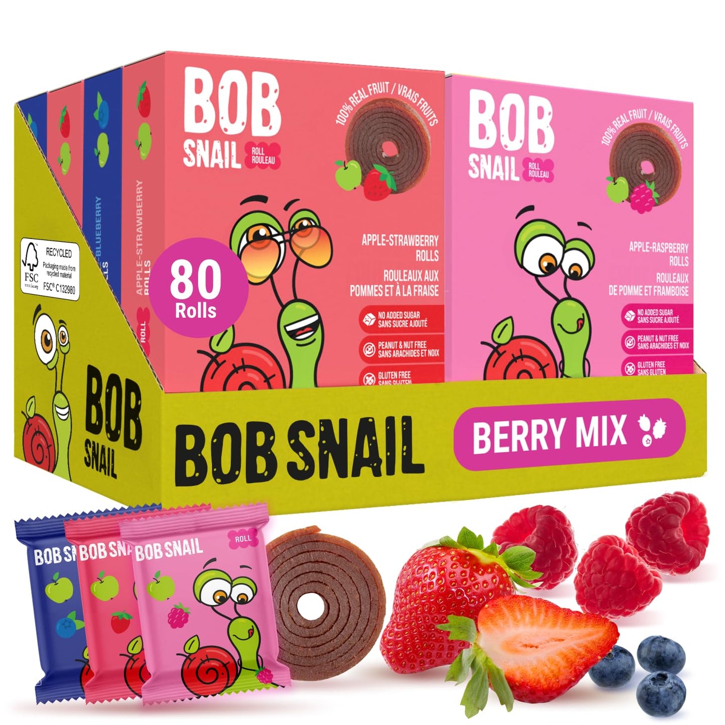 Bob Snail Fruit Roll Ups – Healthy Sweets Snacks, Real Dried Fruits, No Added Sugar, Vegan, Nut Free, Candy for Adults, Kids, with Blueberry, Raspberry, Strawberry – Bulk gift Box 80 pcs Rolls, 800g