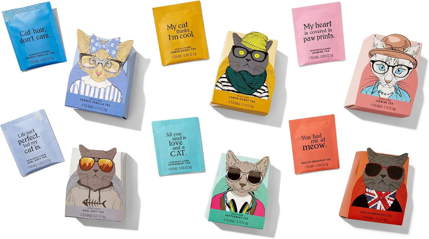 Thé pour les amoureux des chats - 6 saveurs avec des illustrations de chats élégantes et des citations amusantes par Thoughtfully Gourmet