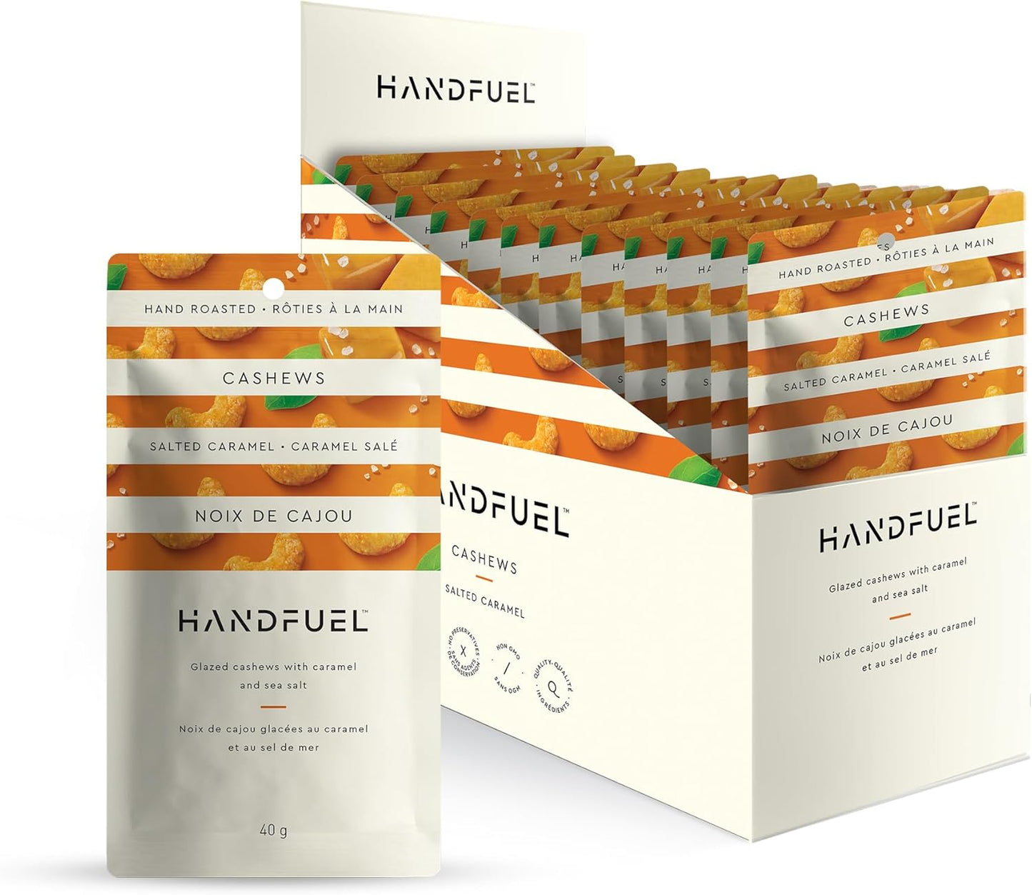 Handfuel Salted Caramel Cashews, Hand Roasted Salted Cashews, 4g of Protein, Proudly Canadian Made Plant Based Flavoured Nuts - 40g Per Pouch (12 Count)