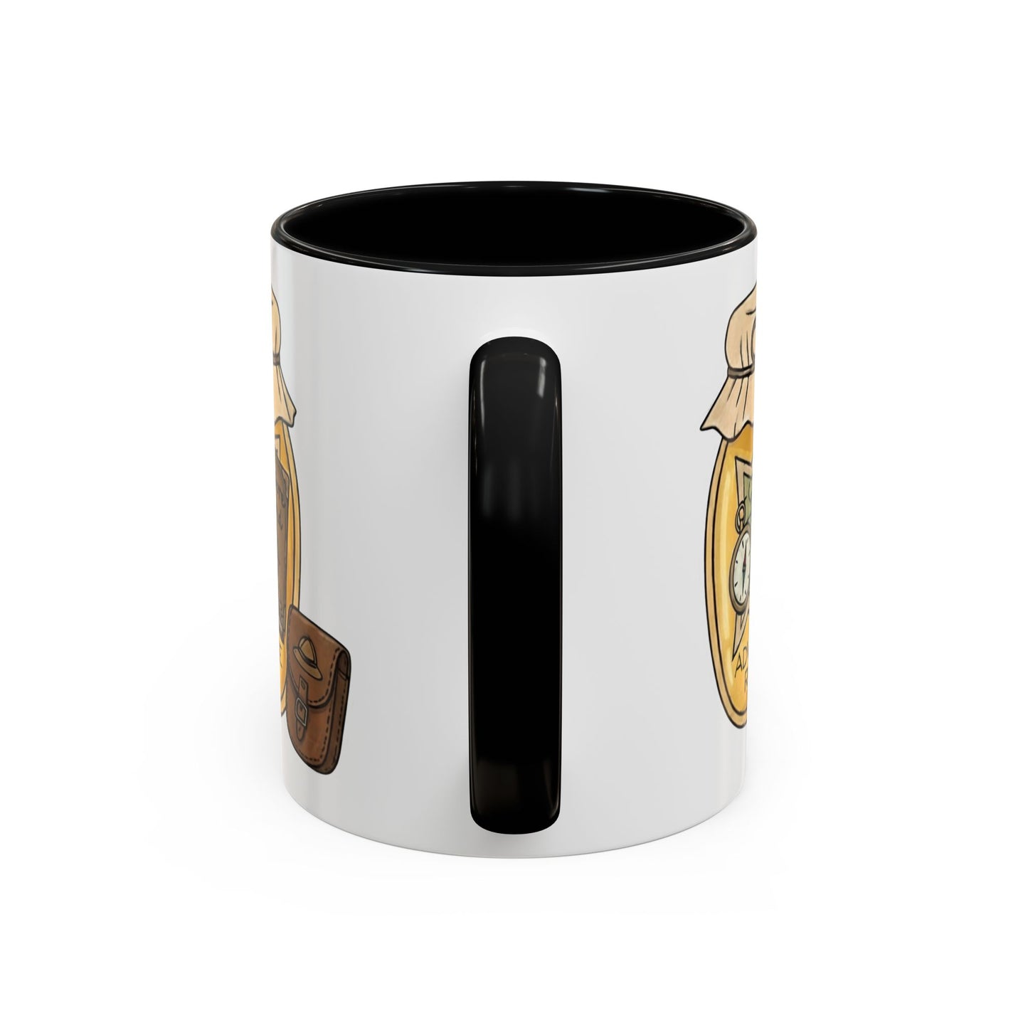 "Adventure Reader" Accent Coffee Mug — Bookish Travel Compass & Treasure Jam Jar Design