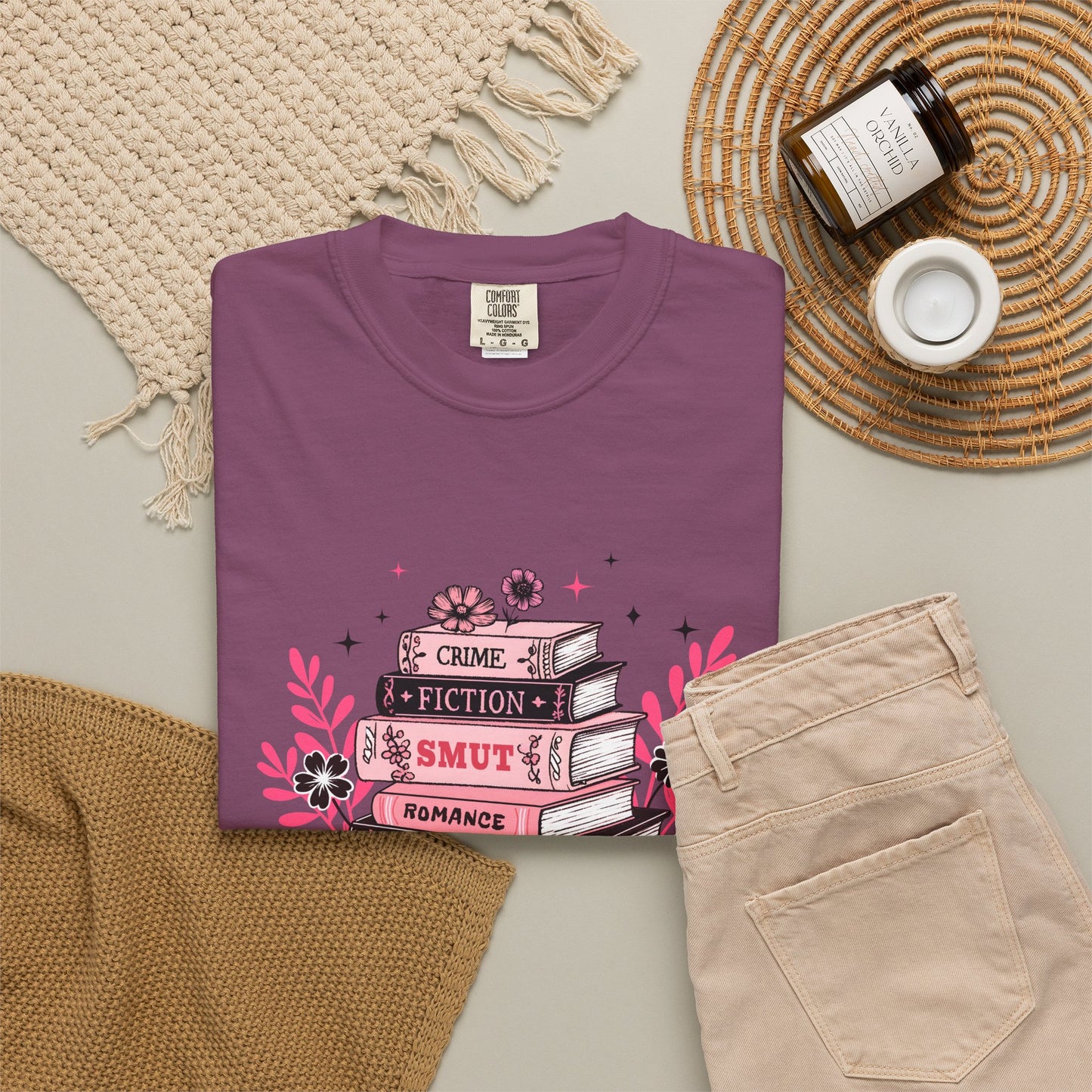 Book Stack Graphic T-Shirt — Cute Floral Reading Shirt (Crime, Fiction, Smut, Romance)