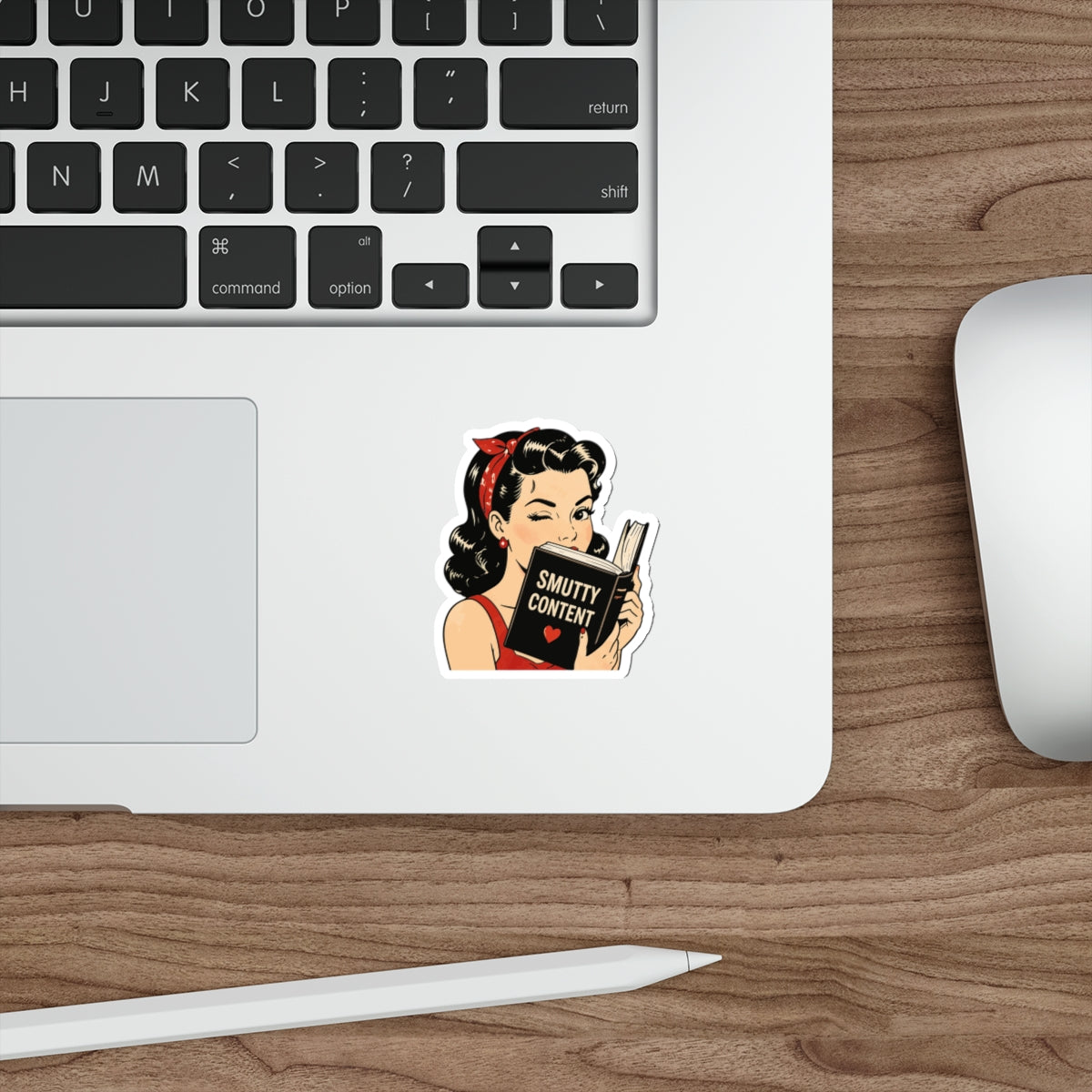 Die-Cut Sticker — Retro Pin-up Girl Reading “Smutty Content” (Vintage Sassy Booksticker)