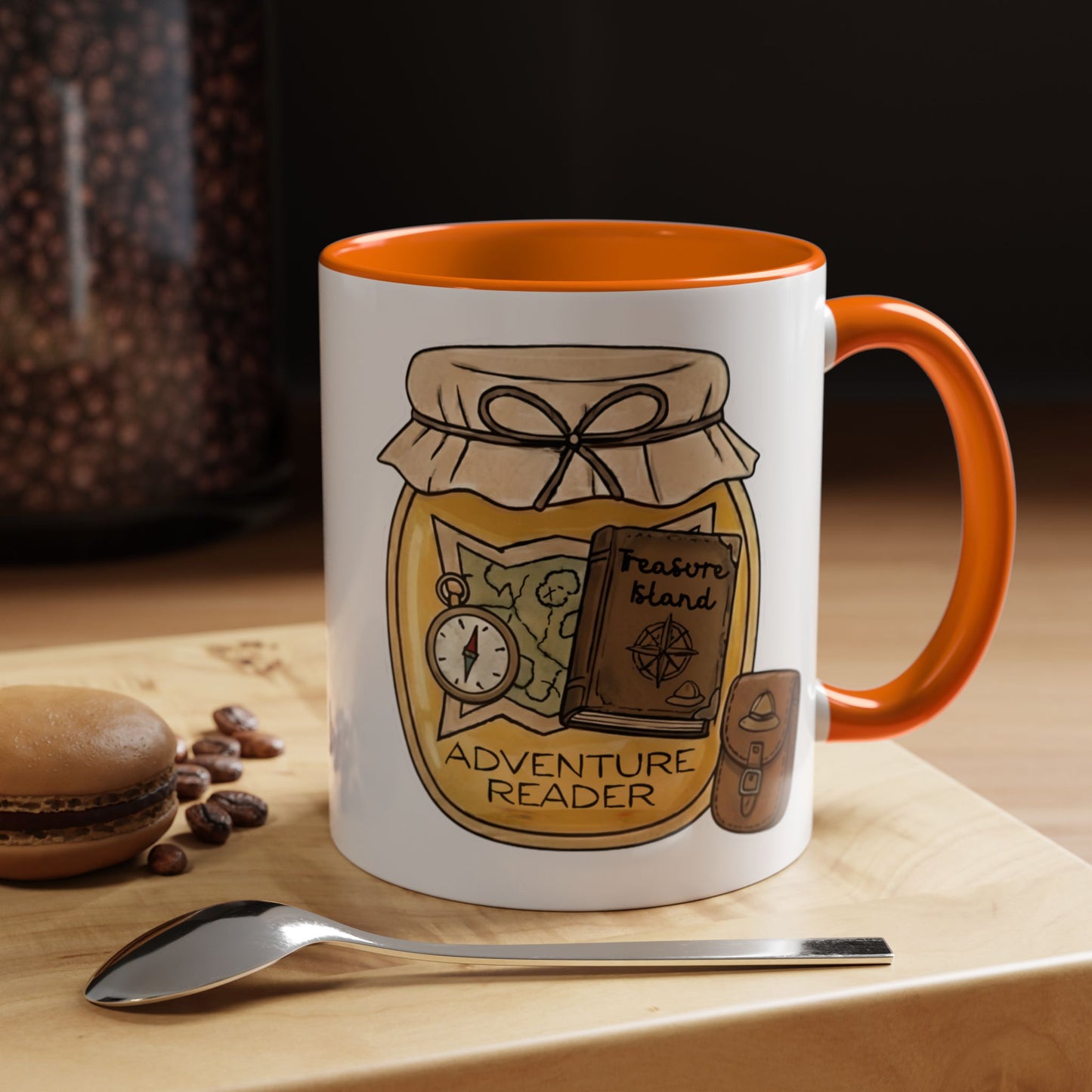 "Adventure Reader" Accent Coffee Mug — Bookish Travel Compass & Treasure Jam Jar Design