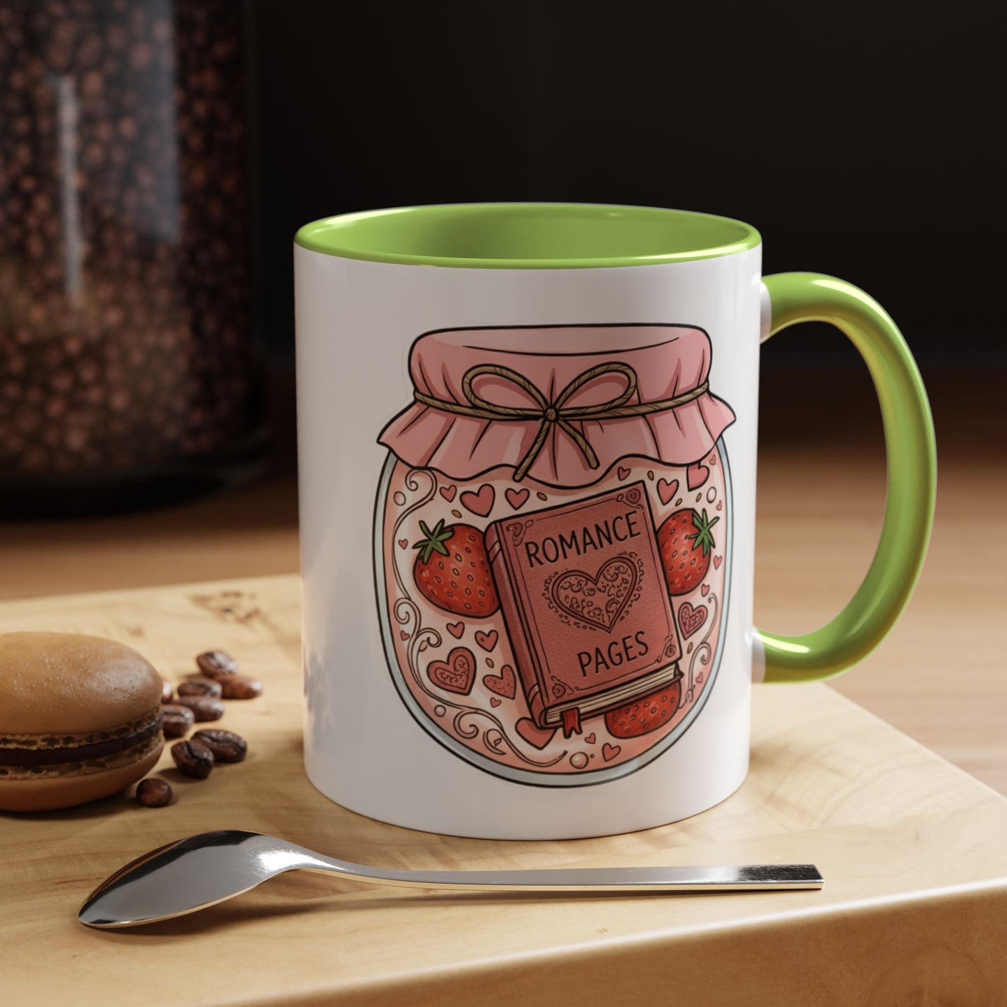 "Romance Pages" Jam Jar Coffee Mug — Cute Strawberry Jam Romance Readers Mug (11/15oz)